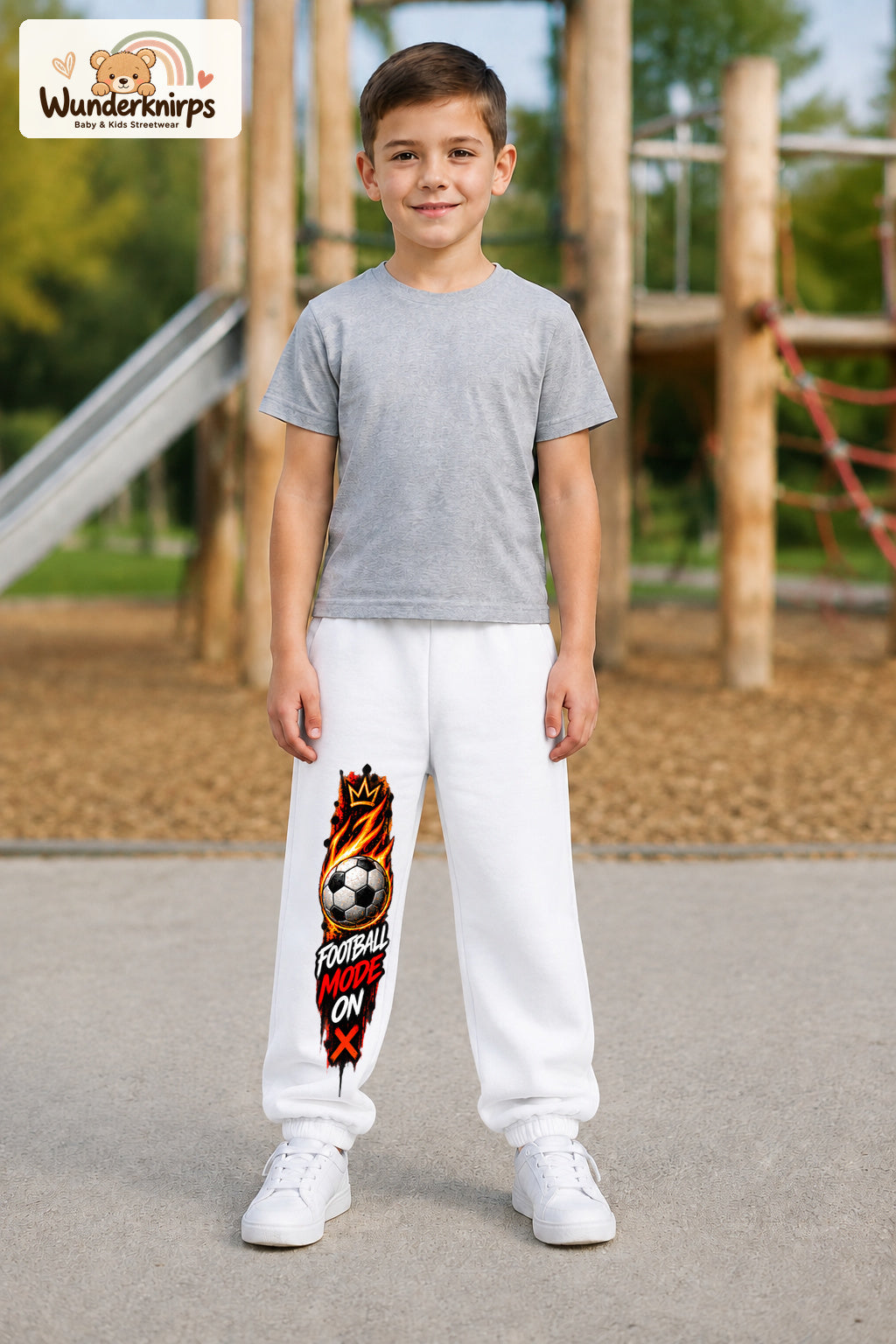 Junge trägt weiße Jogginghose mit Football Mode Flammen-Print, von vorn auf dem Spielplatz.