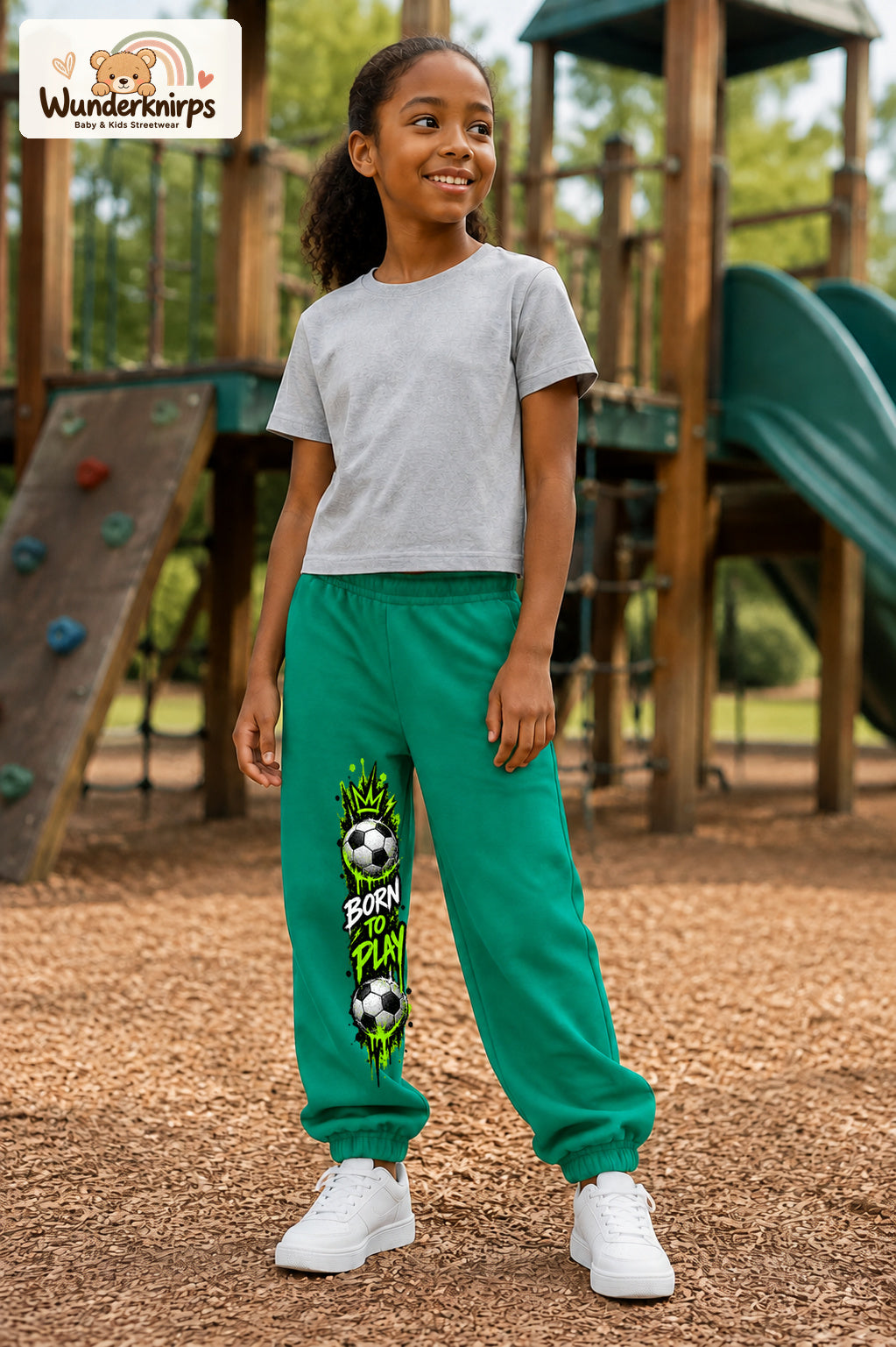 Mädchen trägt grüne Jogginghose mit Born to Play Fußball-Print, leicht seitlich auf dem Spielplatz.