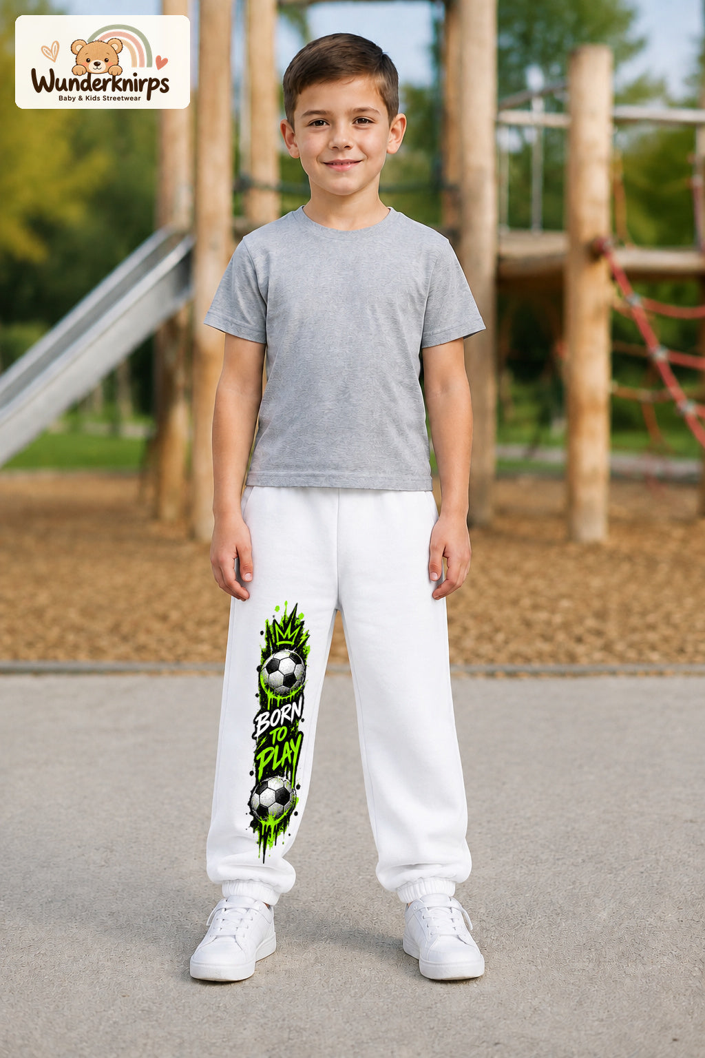 Junge trägt weiße Jogginghose mit Born to Play Fußball-Print, von vorn auf dem Spielplatz.