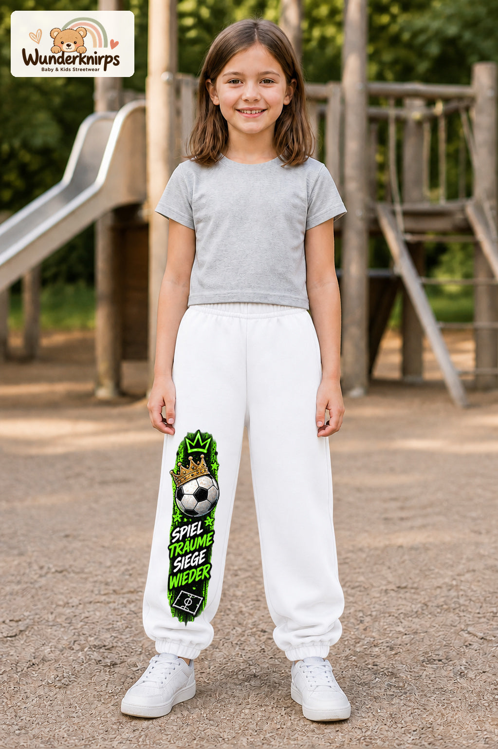 Mädchen trägt weiße Jogginghose mit Spiel Träume Fußballkrone-Print, von vorn auf dem Spielplatz.