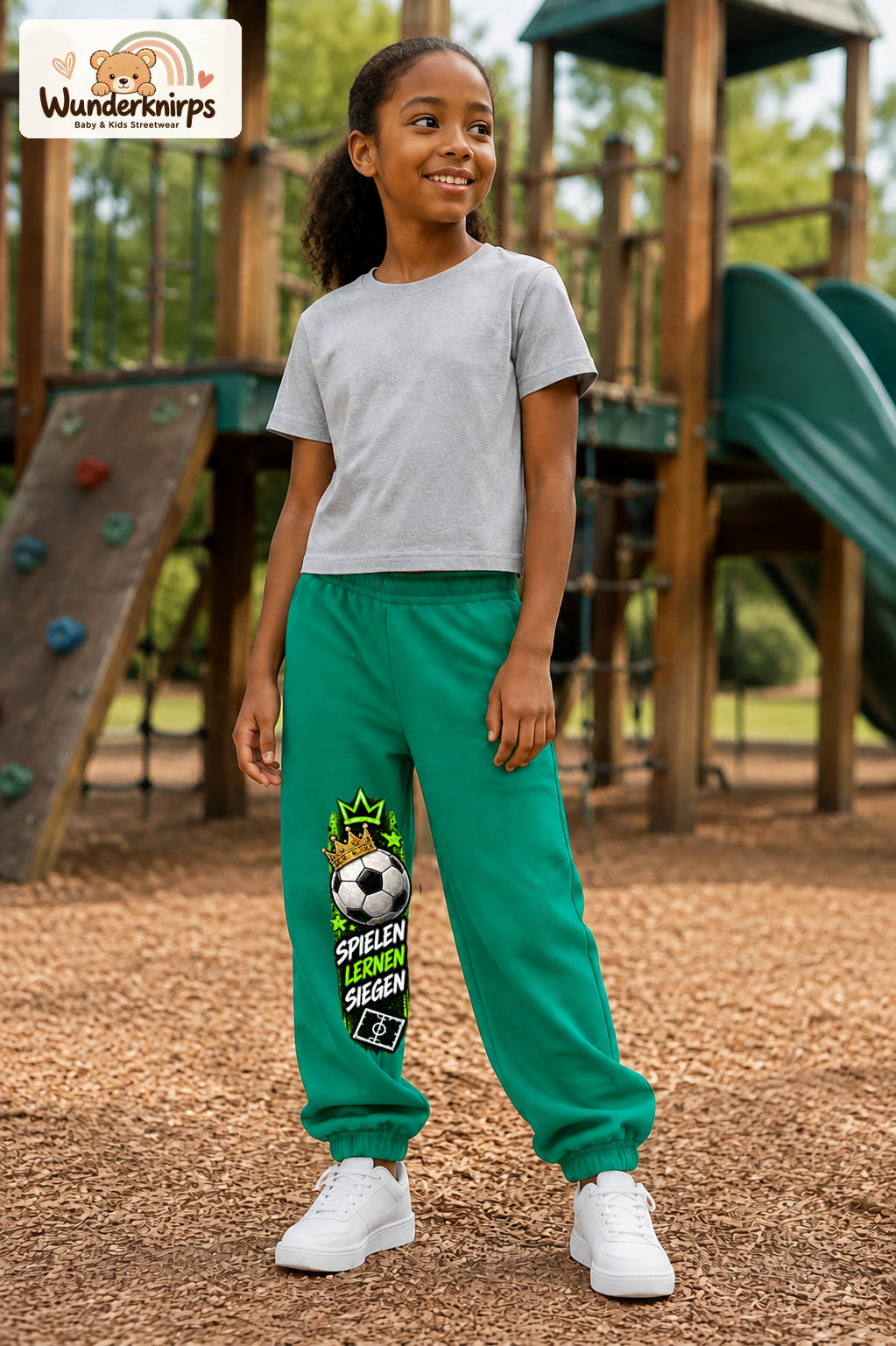 Mädchen trägt grüne Jogginghose mit Spielen Lernen Fußball-Print, leicht seitlich auf dem Spielplatz.