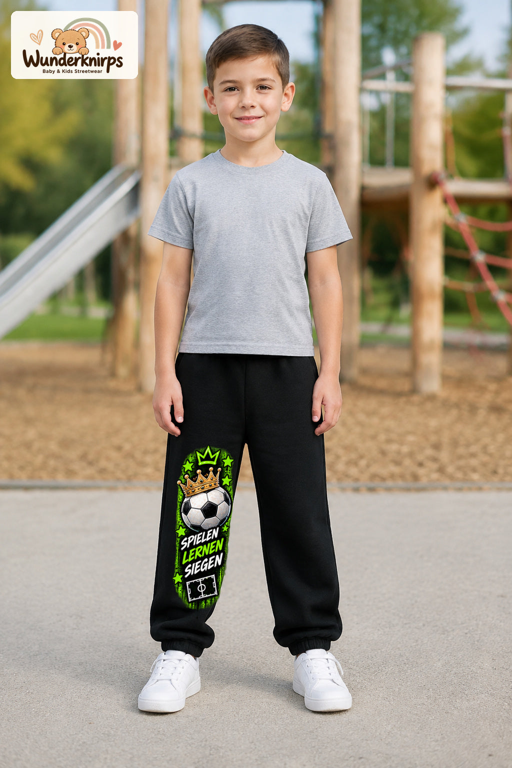 Junge trägt schwarze Jogginghose mit Siegen Fußballstern-Print, von vorn auf dem Spielplatz.