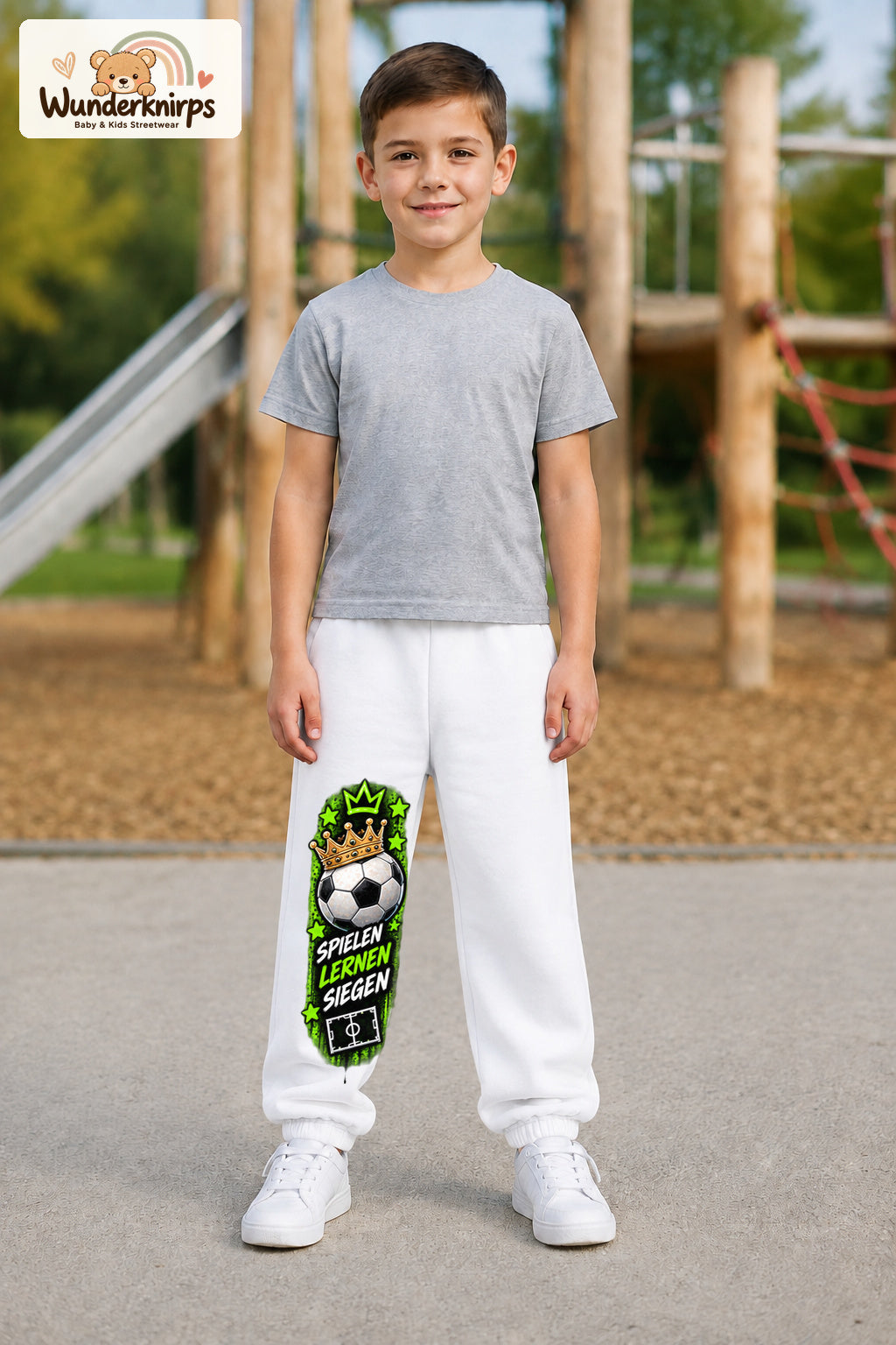 Junge trägt weiße Jogginghose mit Siegen Fußballstern-Print, von vorn auf dem Spielplatz.