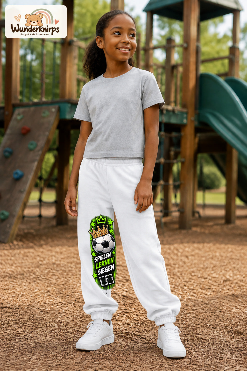 Mädchen trägt weiße Jogginghose mit Siegen Fußballstern-Print, leicht seitlich auf dem Spielplatz.