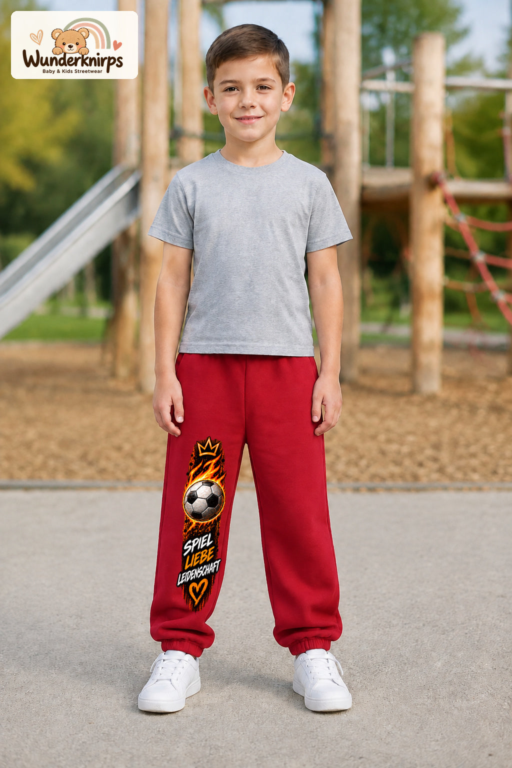 Junge trägt rote Jogginghose mit Spiel Liebe Fußball-Print, von vorn auf dem Spielplatz.