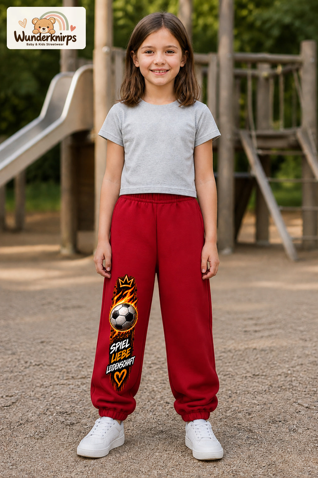 Mädchen trägt rote Jogginghose mit Spiel Liebe Fußball-Print, von vorn auf dem Spielplatz.