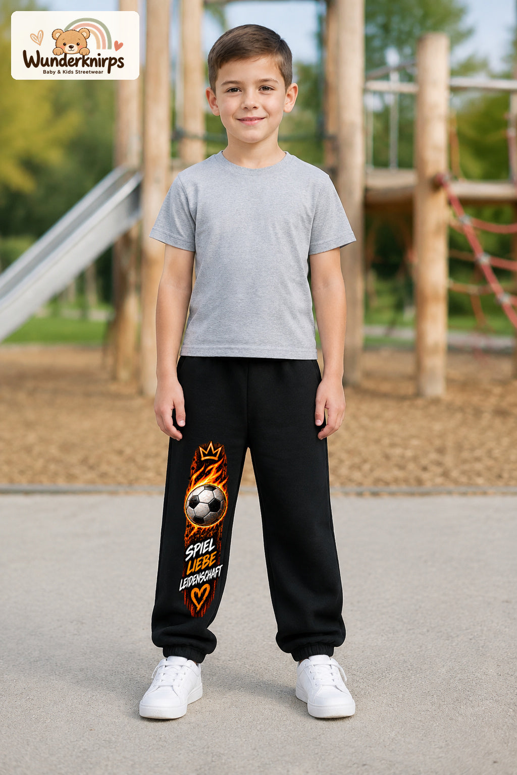 Junge trägt schwarze Jogginghose mit Spiel Liebe Fußball-Print, von vorn auf dem Spielplatz.