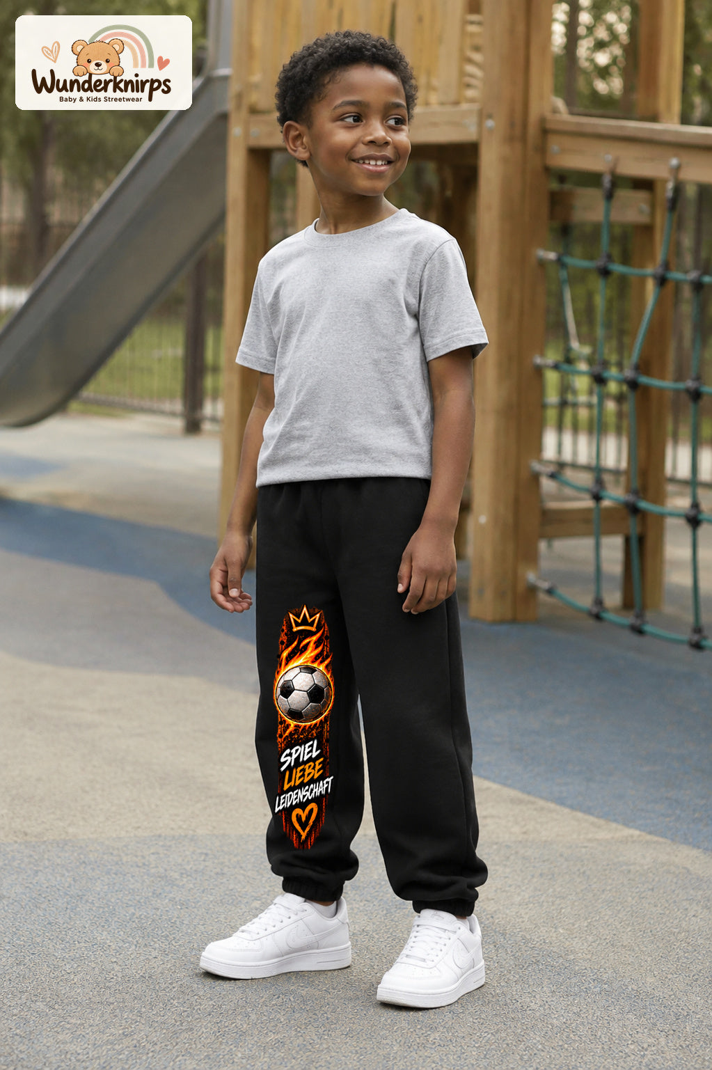 Junge trägt schwarze Jogginghose mit Spiel Liebe Fußball-Print, leicht seitlich auf dem Spielplatz.