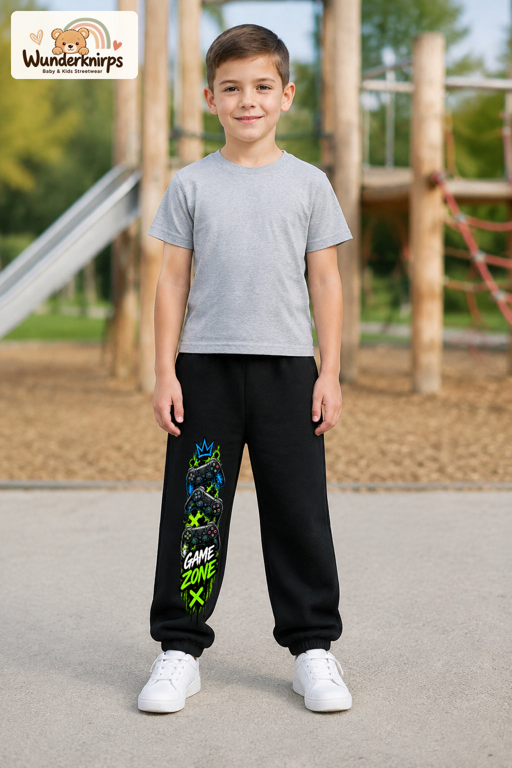 Junge trägt schwarze Jogginghose mit Game Zone Controller-Print, von vorn auf dem Spielplatz.