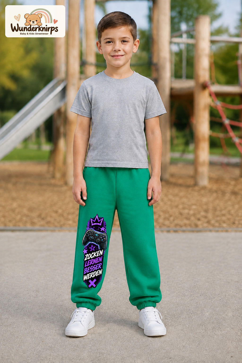 Junge trägt grüne Jogginghose mit Besser werden Gamepad-Print, von vorn auf dem Spielplatz.