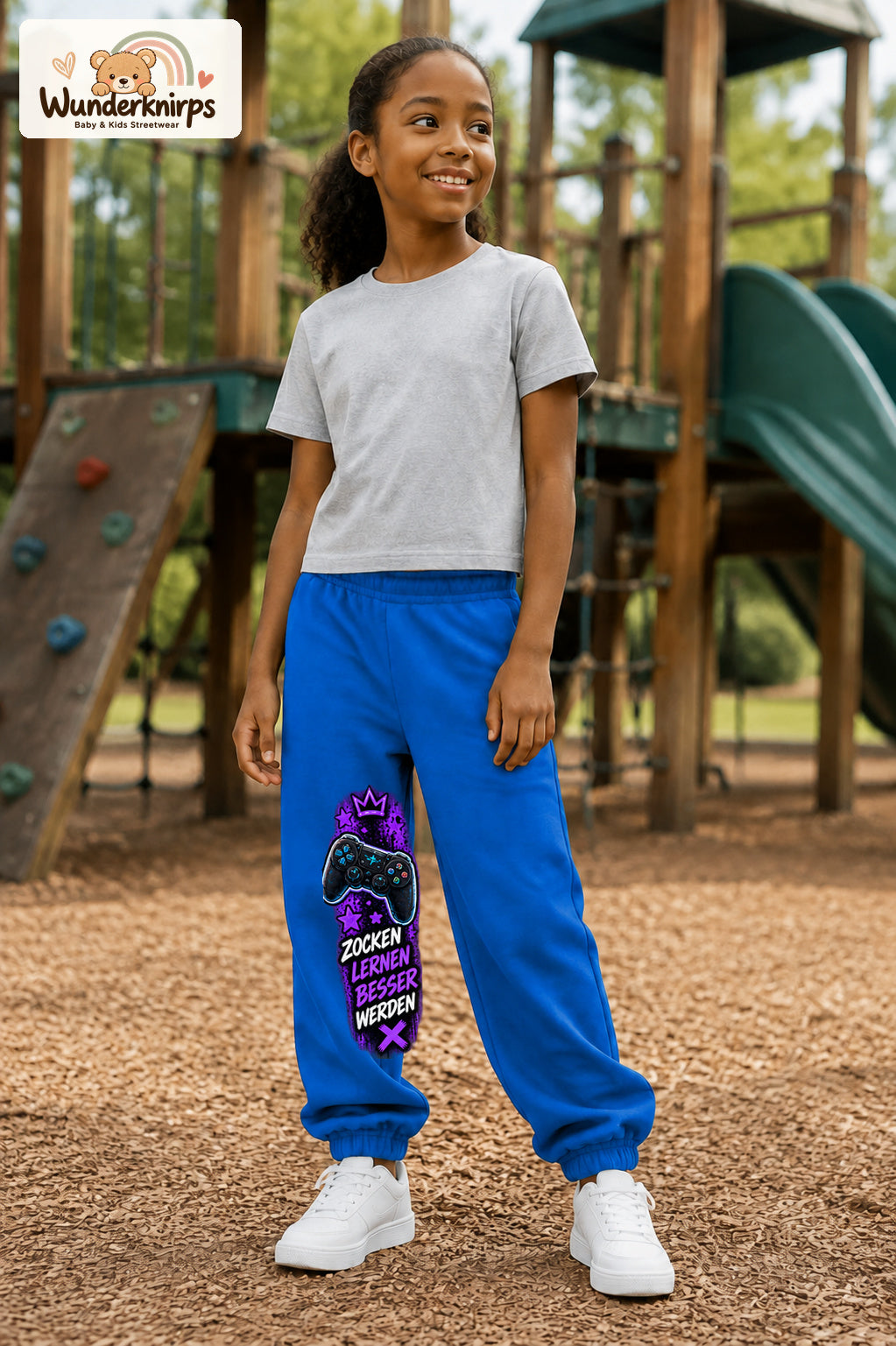 Mädchen trägt blaue Jogginghose mit Gaming Sterne Violett-Print, leicht seitlich auf dem Spielplatz.