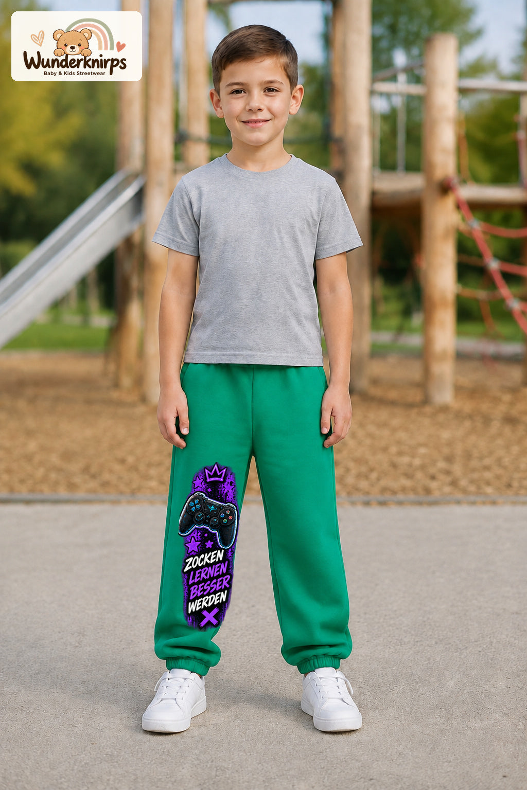 Junge trägt grüne Jogginghose mit Gaming Sterne Violett-Print, von vorn auf dem Spielplatz.
