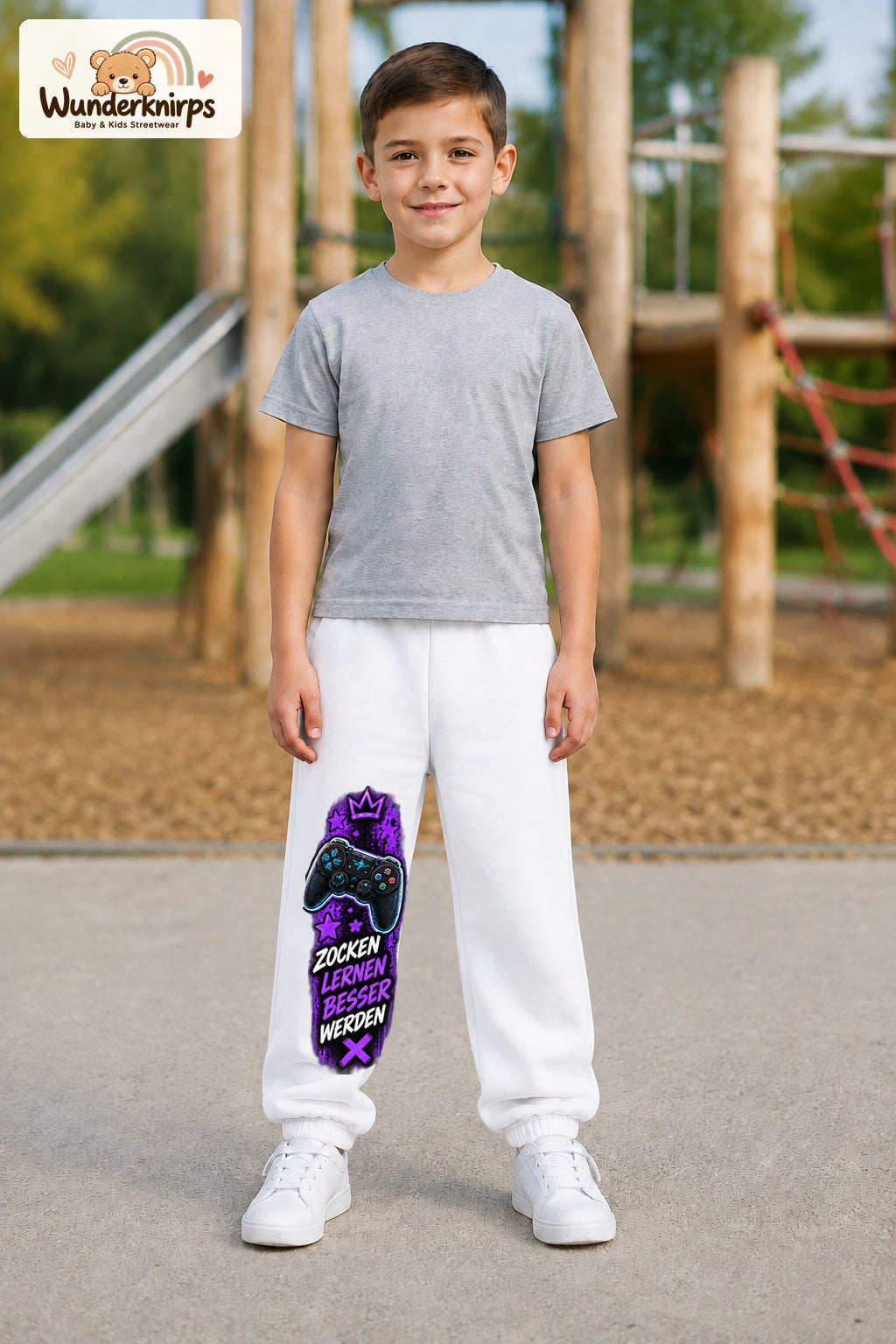 Junge trägt weiße Jogginghose mit Gaming Sterne Violett-Print, von vorn auf dem Spielplatz.