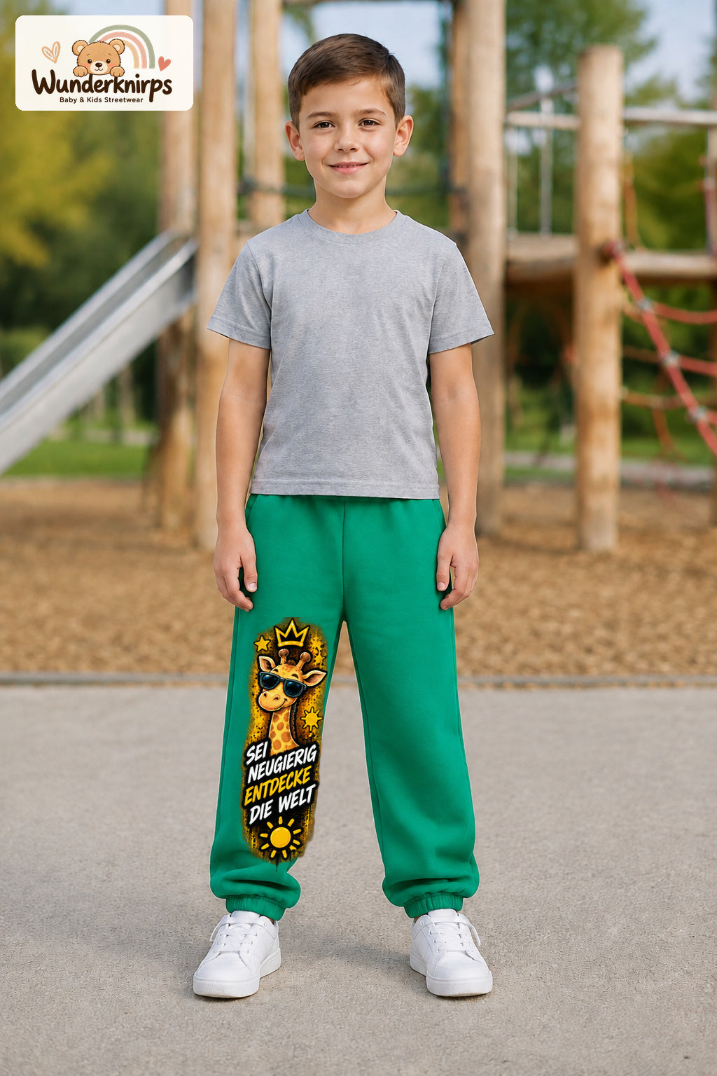 Junge trägt grüne Jogginghose mit Neugierig Giraffe-Print, von vorn auf dem Spielplatz.