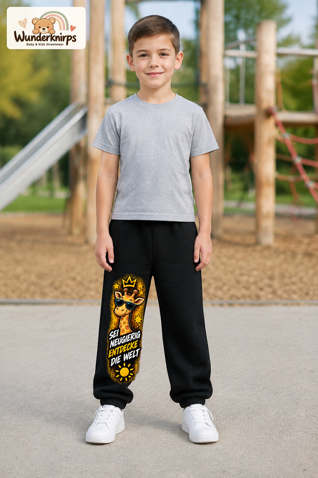 Junge trägt schwarze Jogginghose mit Neugierig Giraffe-Print, von vorn auf dem Spielplatz.