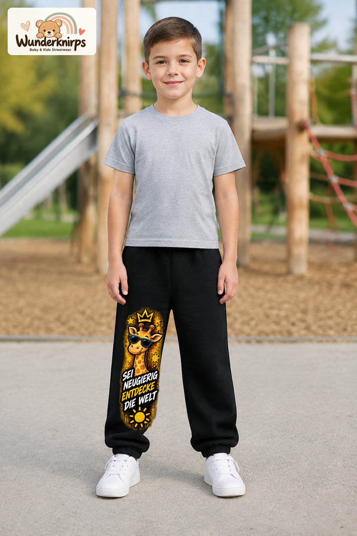 Junge trägt schwarze Jogginghose mit Neugierig Giraffe-Print, von vorn auf dem Spielplatz.