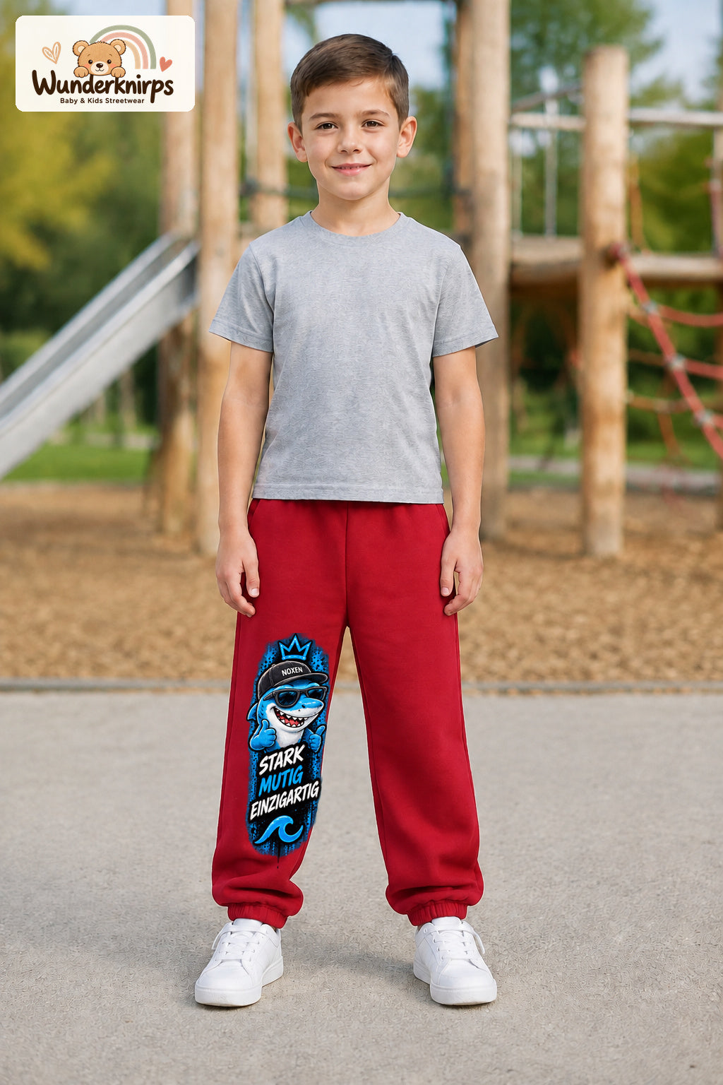 Junge trägt rote Jogginghose mit Stark einzigartig Cap-Hai-Print, von vorn auf dem Spielplatz.