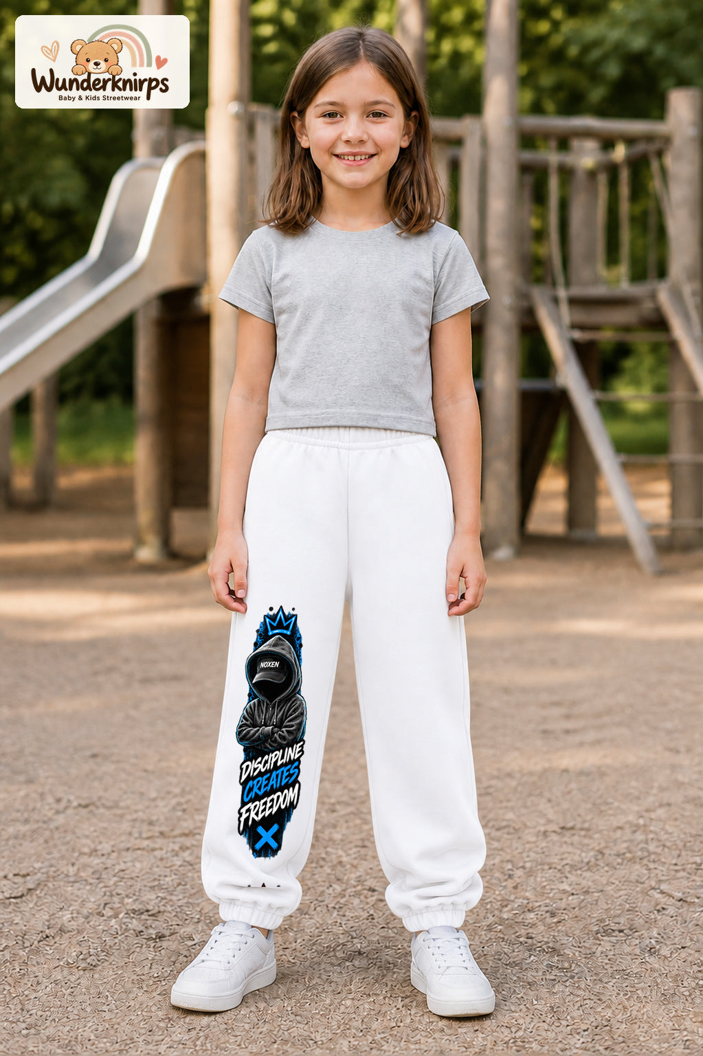 Mädchen trägt weiße Jogginghose mit Discipline Hoodie-Print, von vorn auf dem Spielplatz.