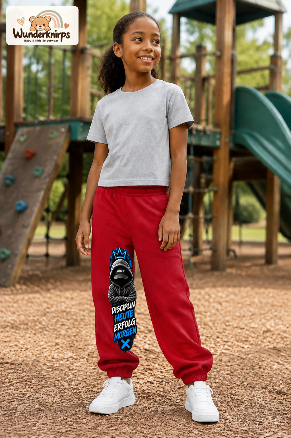 Mädchen trägt rote Jogginghose mit Disziplin heute Hoodie-Print, leicht seitlich auf dem Spielplatz.