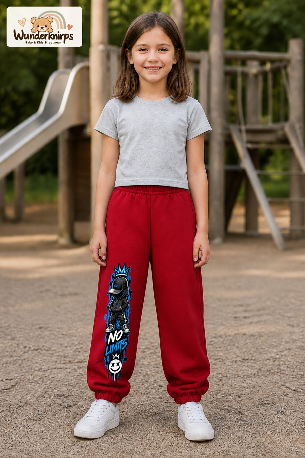 Mädchen trägt rote Jogginghose mit No Limits Hoodie-Print, von vorn auf dem Spielplatz.