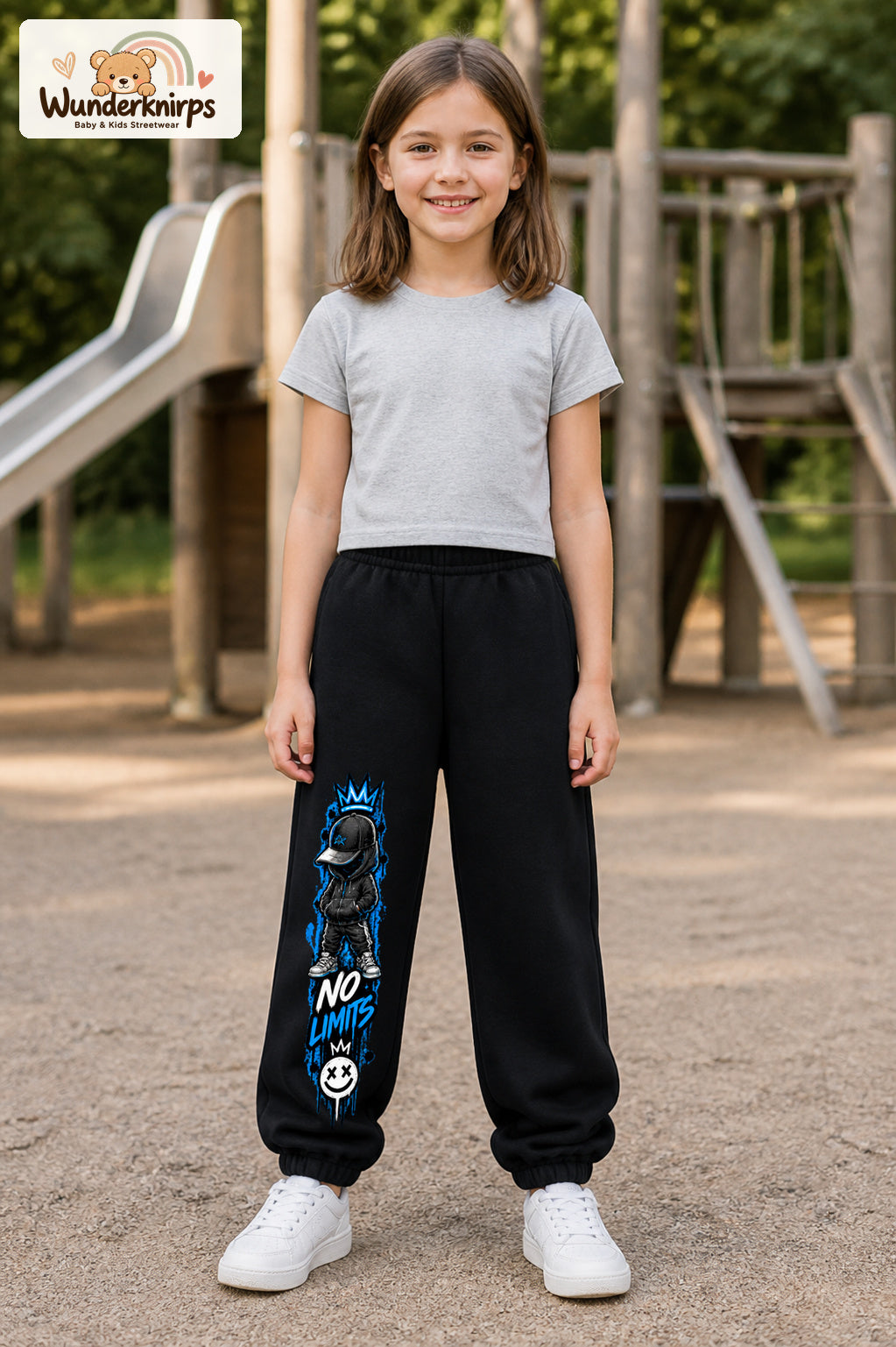 Mädchen trägt schwarze Jogginghose mit No Limits Hoodie-Print, von vorn auf dem Spielplatz.