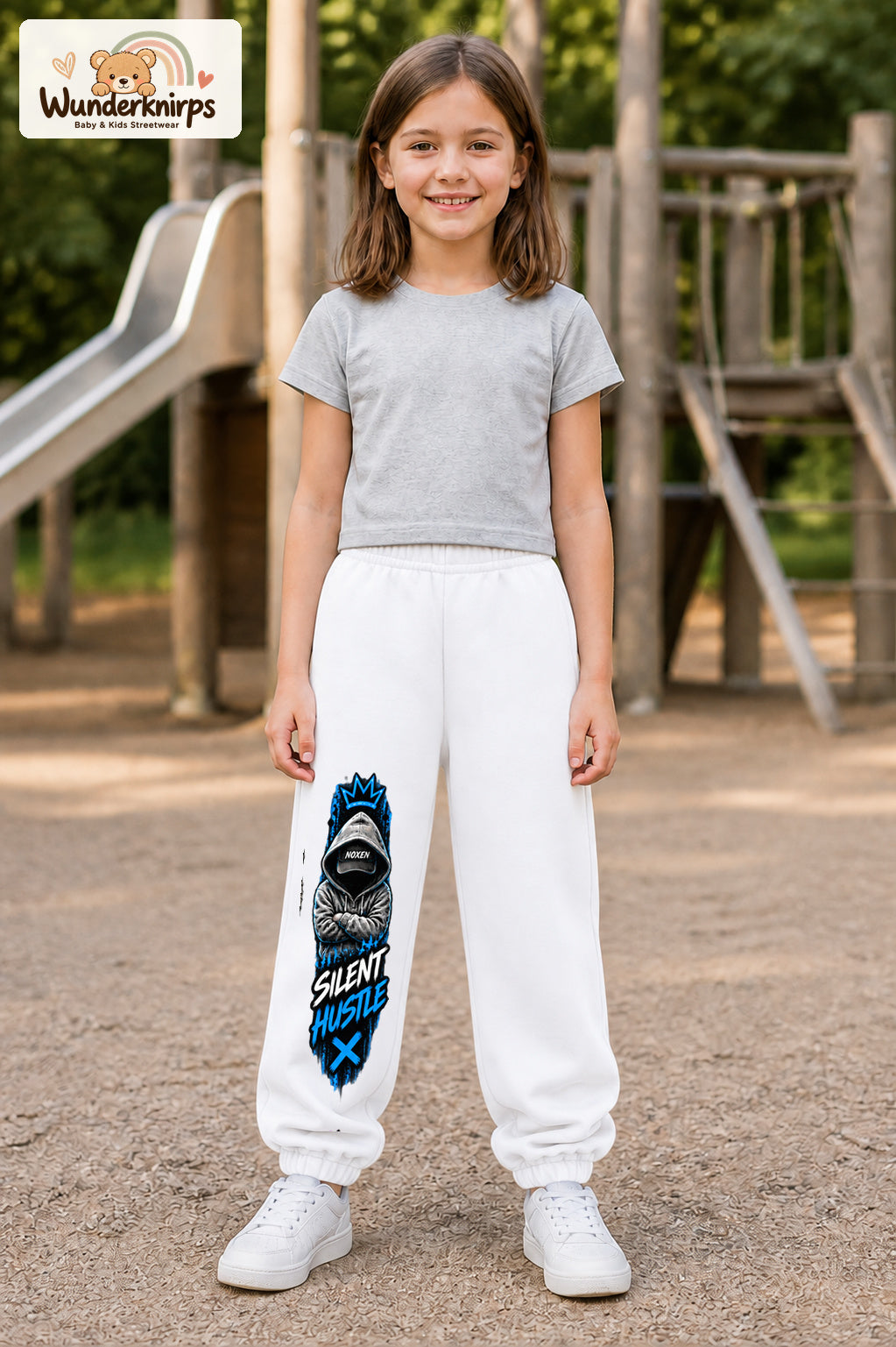 Mädchen trägt weiße Jogginghose mit Silent Hustle Hoodie-Print, von vorn auf dem Spielplatz.