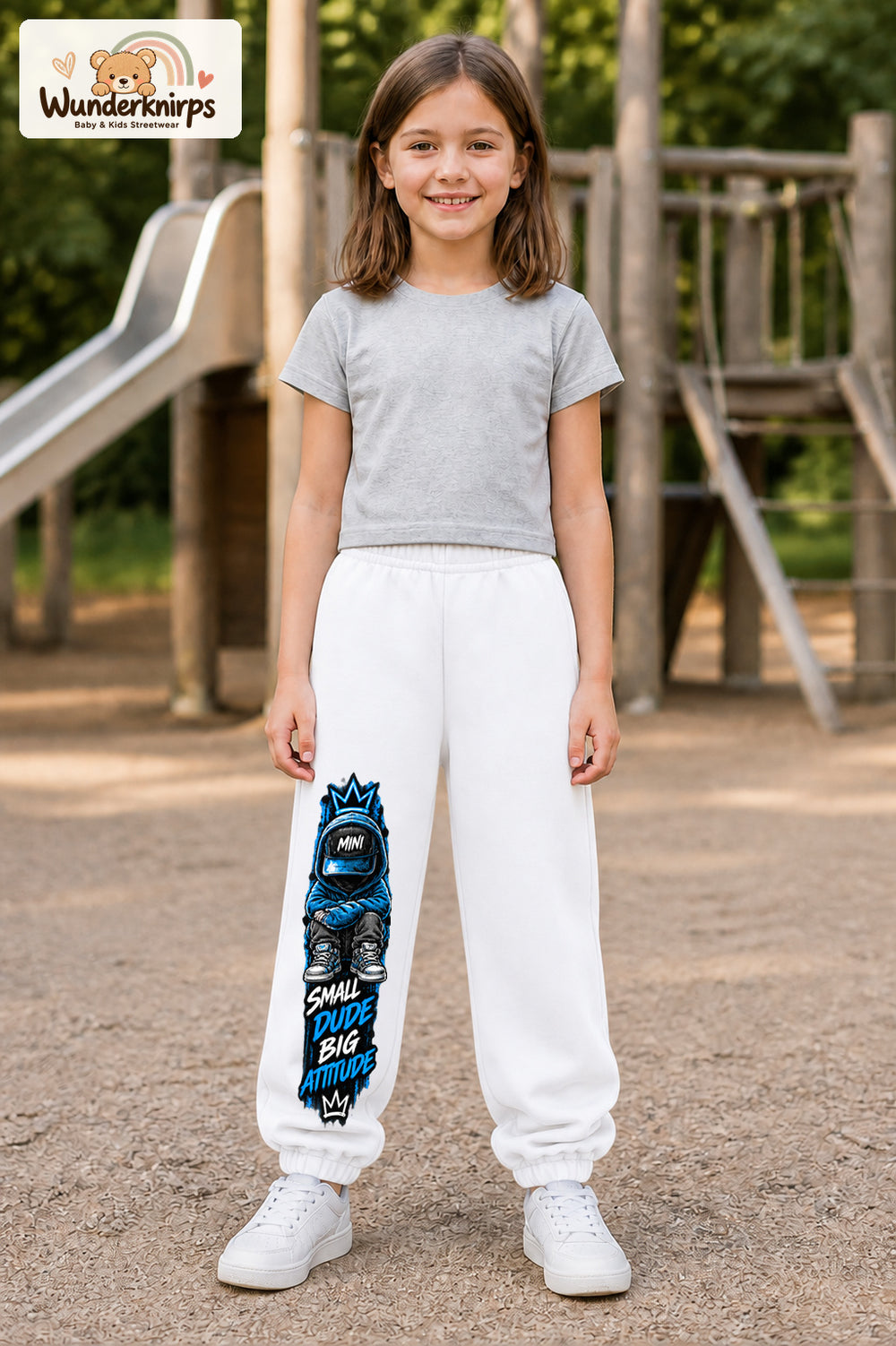 Mädchen trägt weiße Jogginghose mit Small Dude Hoodie-Print, von vorn auf dem Spielplatz.