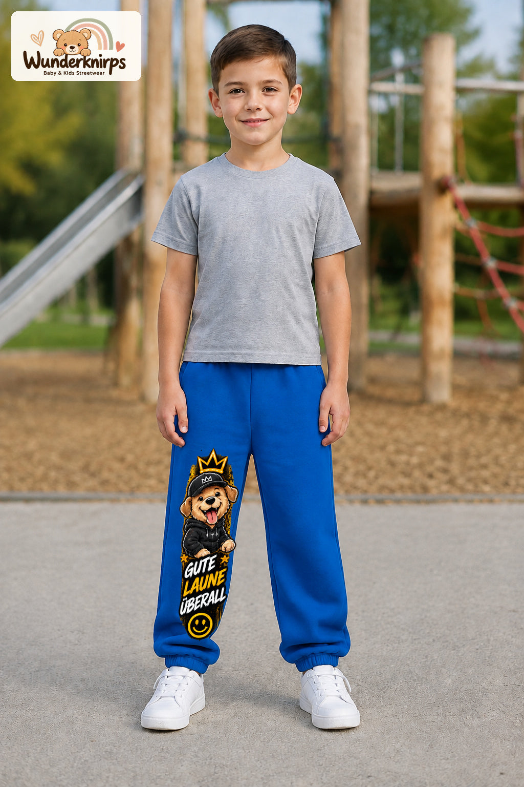 Junge trägt blaue Jogginghose mit Gute Laune Cap-Hund-Print, von vorn auf dem Spielplatz.