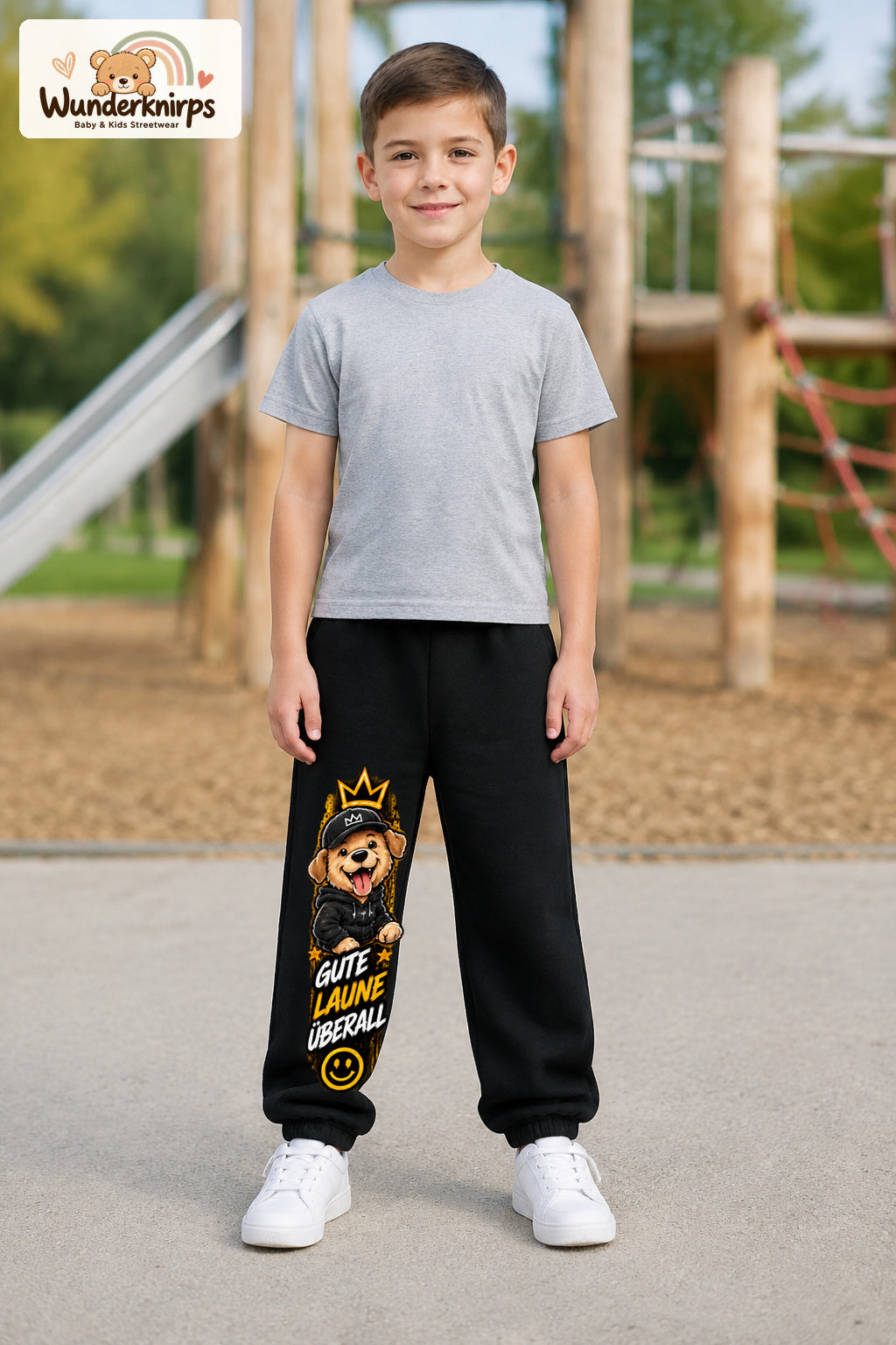 Junge trägt schwarze Jogginghose mit Gute Laune Cap-Hund-Print, von vorn auf dem Spielplatz.