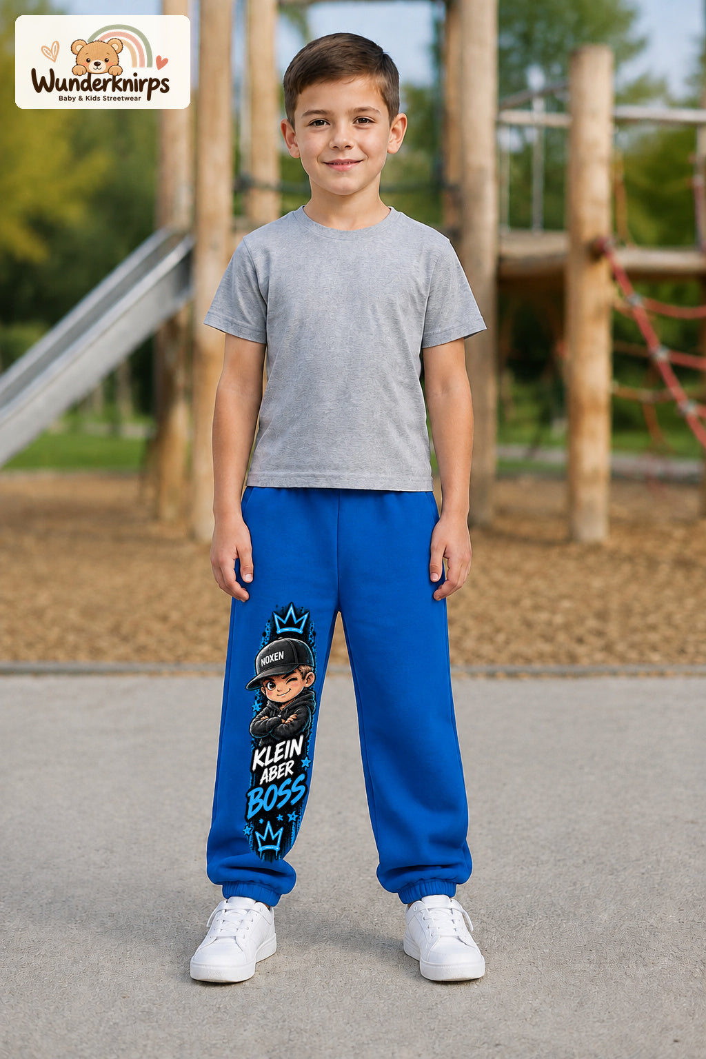Junge trägt blaue Jogginghose mit Klein aber Boss Cap-Print, von vorn auf dem Spielplatz.