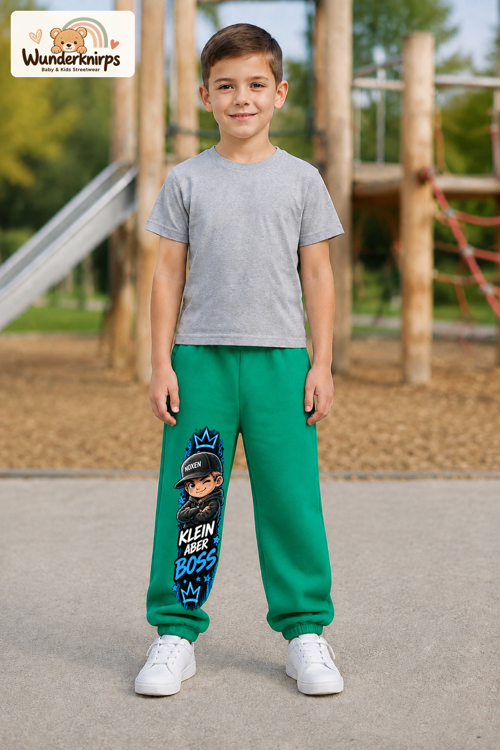 Junge trägt grüne Jogginghose mit Klein aber Boss Cap-Print, von vorn auf dem Spielplatz.