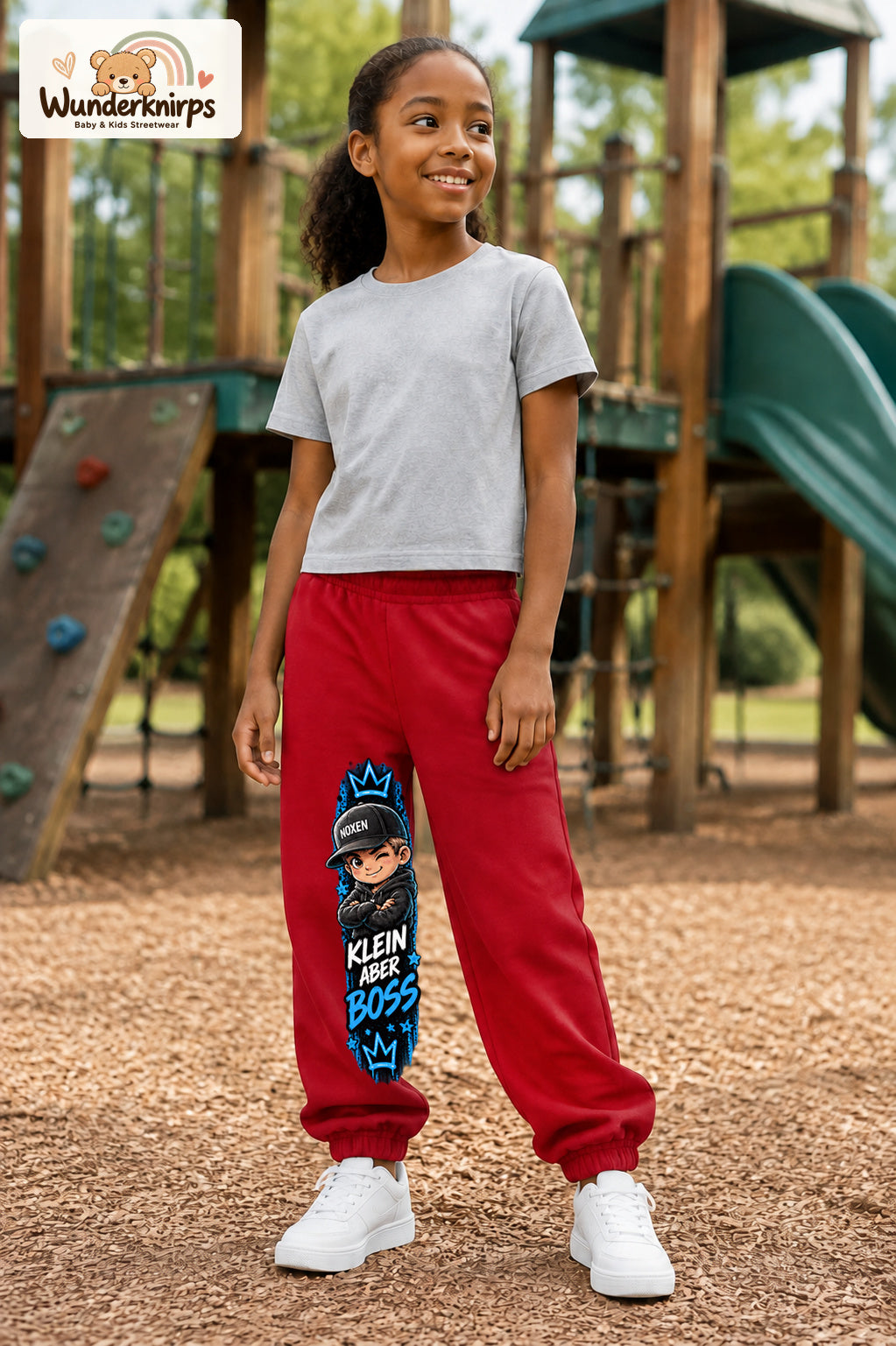 Mädchen trägt rote Jogginghose mit Klein aber Boss Cap-Print, leicht seitlich auf dem Spielplatz.