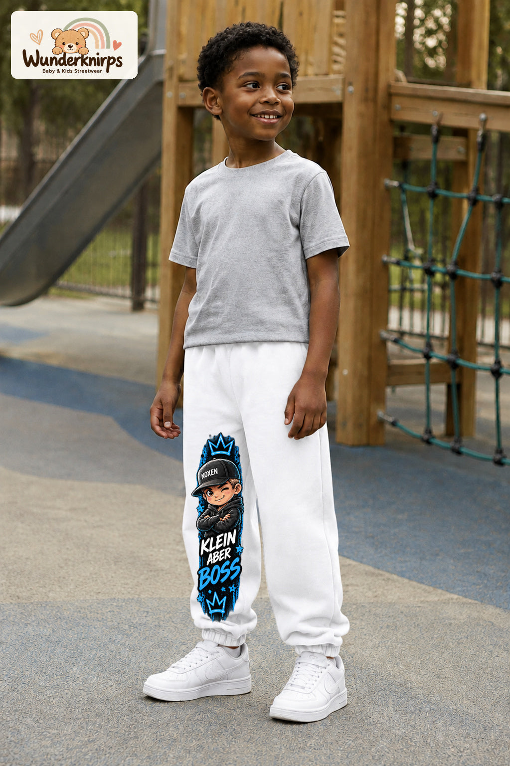 Junge trägt weiße Jogginghose mit Klein aber Boss Cap-Print, leicht seitlich auf dem Spielplatz.