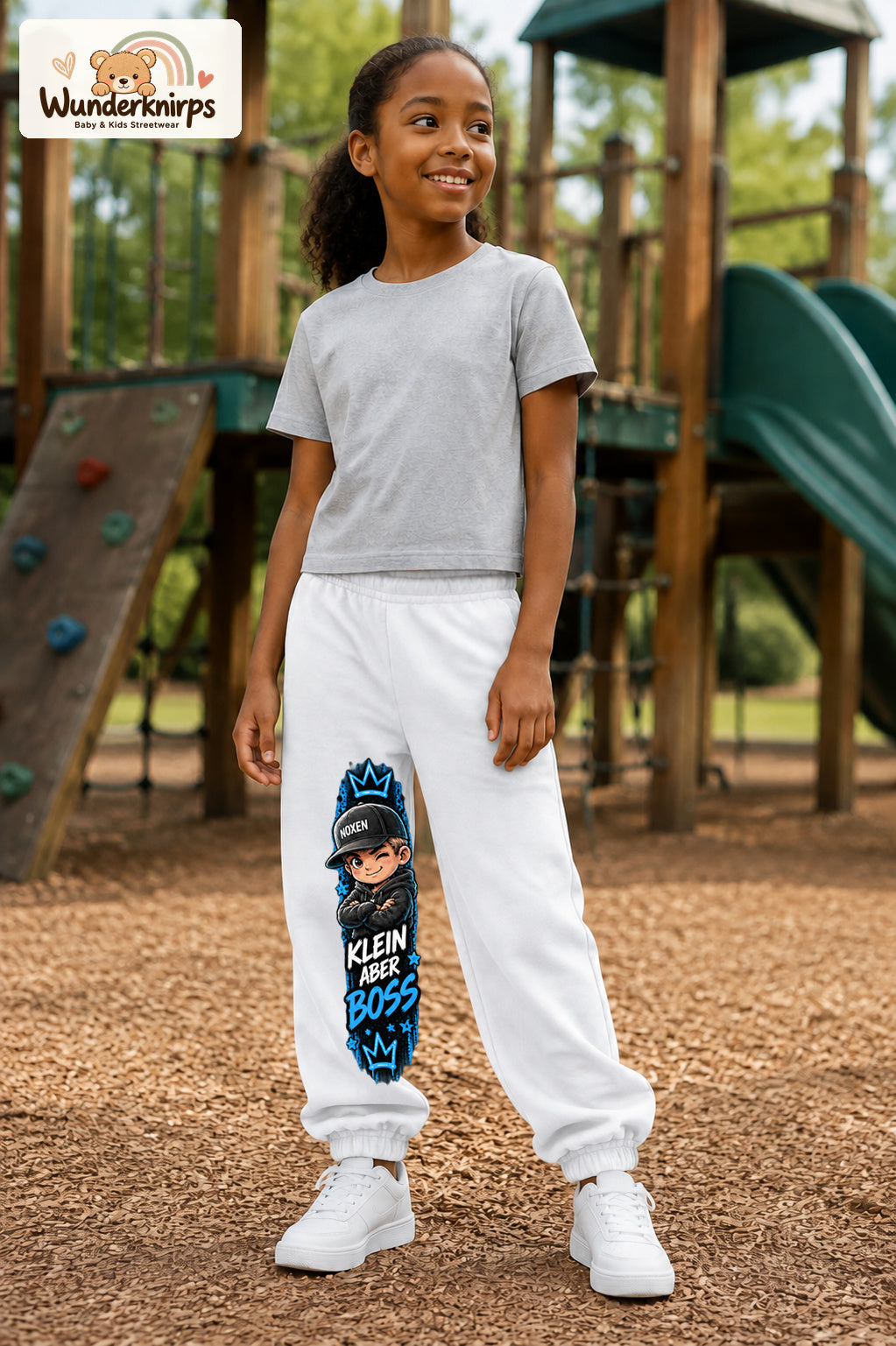 Mädchen trägt weiße Jogginghose mit Klein aber Boss Cap-Print, leicht seitlich auf dem Spielplatz.