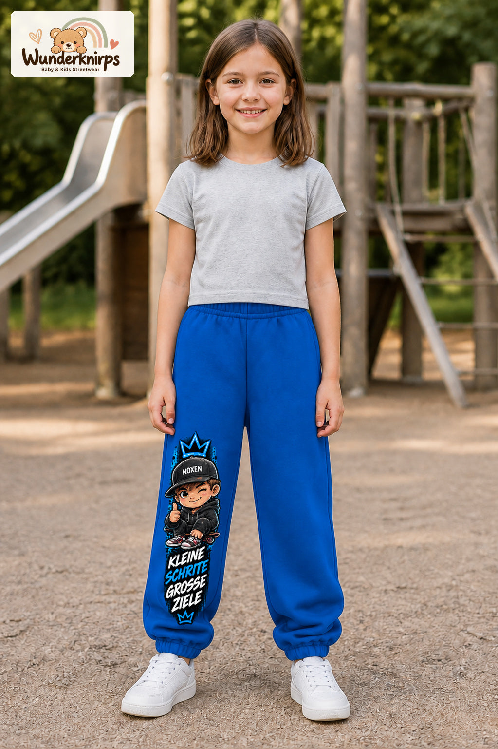 Mädchen trägt blaue Jogginghose mit Kleine Schritte Skater-Print, von vorn auf dem Spielplatz.