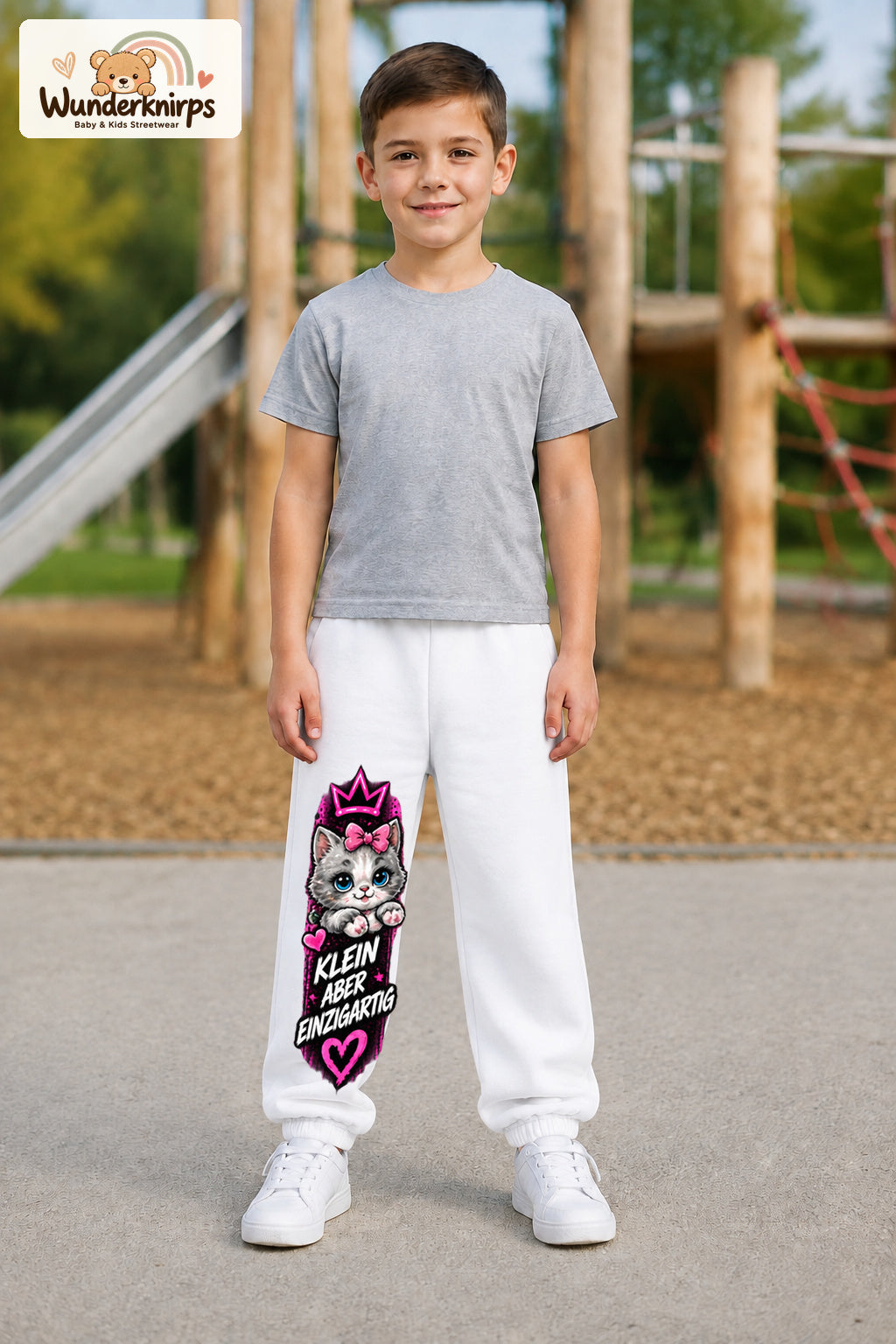 Junge trägt weiße Jogginghose mit Klein einzigartig Katze-Print, von vorn auf dem Spielplatz.
