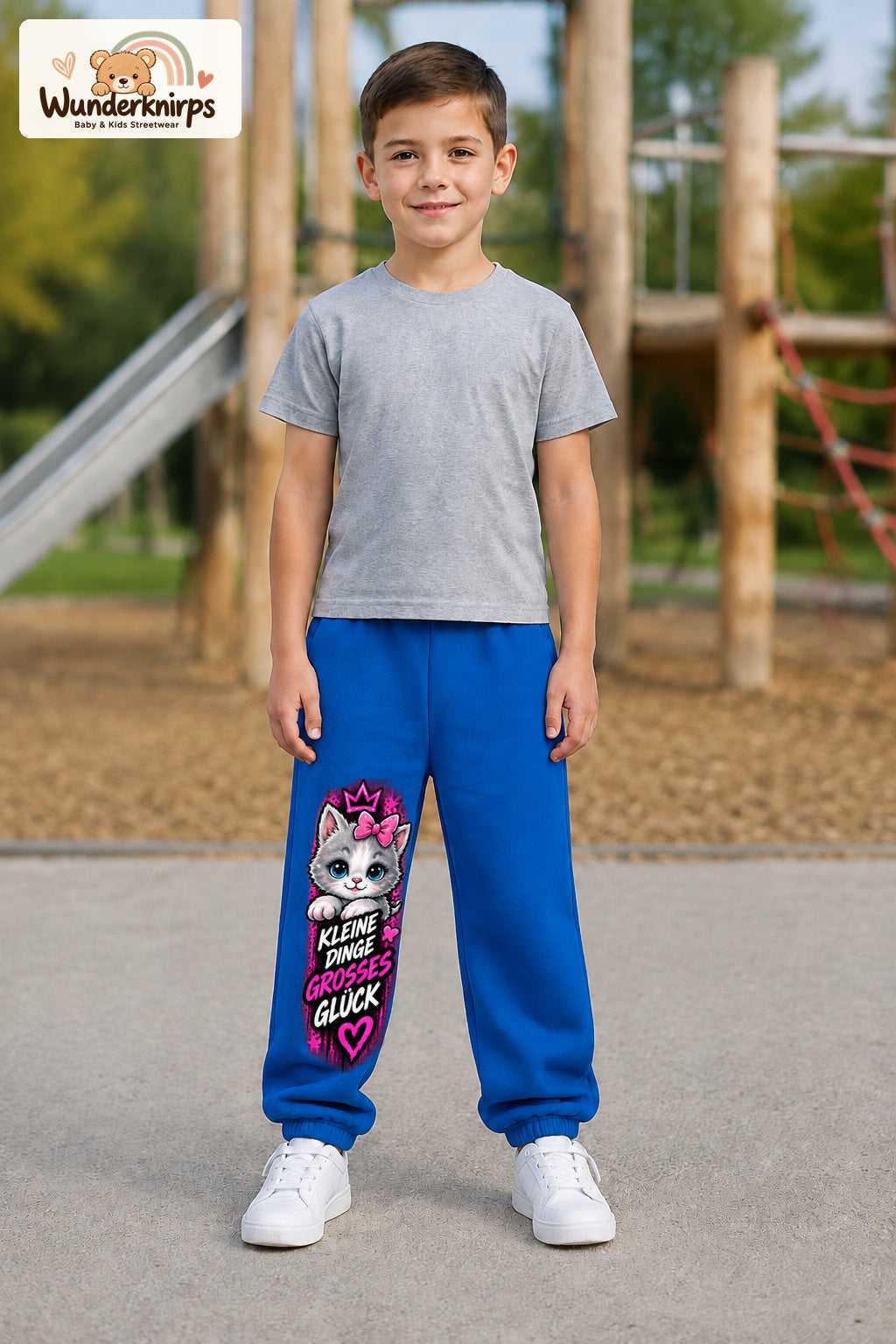 Junge trägt blaue Jogginghose mit Großes Glück Schleifenkatze-Print, von vorn auf dem Spielplatz.