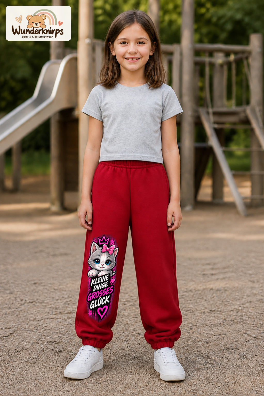 Mädchen trägt rote Jogginghose mit Großes Glück Schleifenkatze-Print, von vorn auf dem Spielplatz.