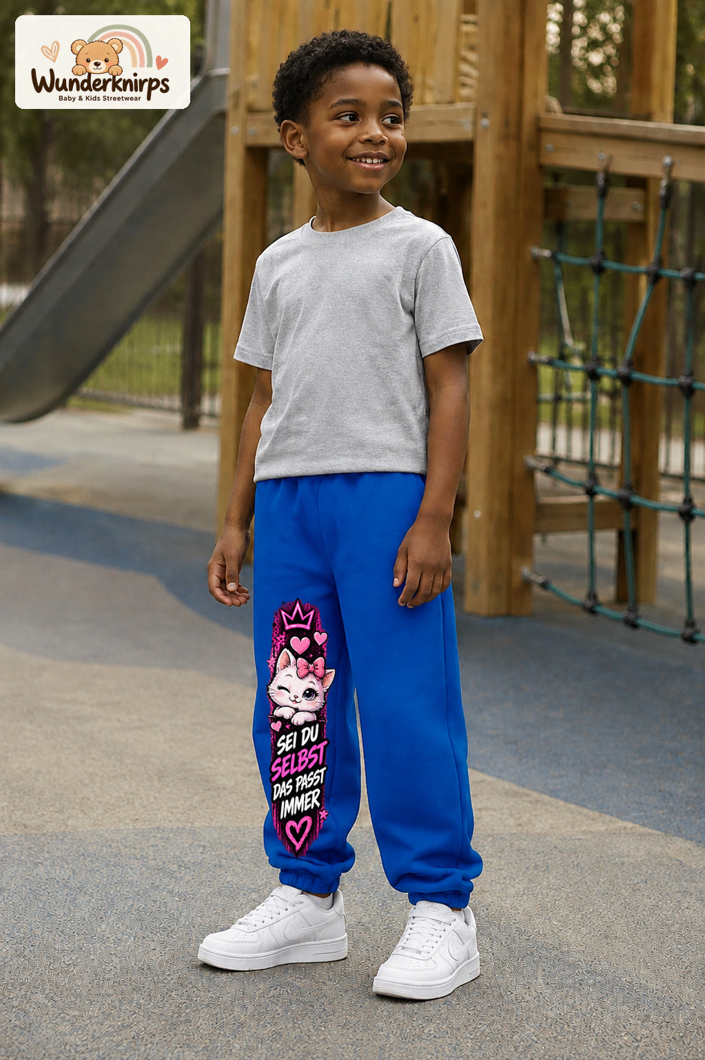Junge trägt blaue Jogginghose mit Sei du selbst Kätzchen-Print, leicht seitlich auf dem Spielplatz.