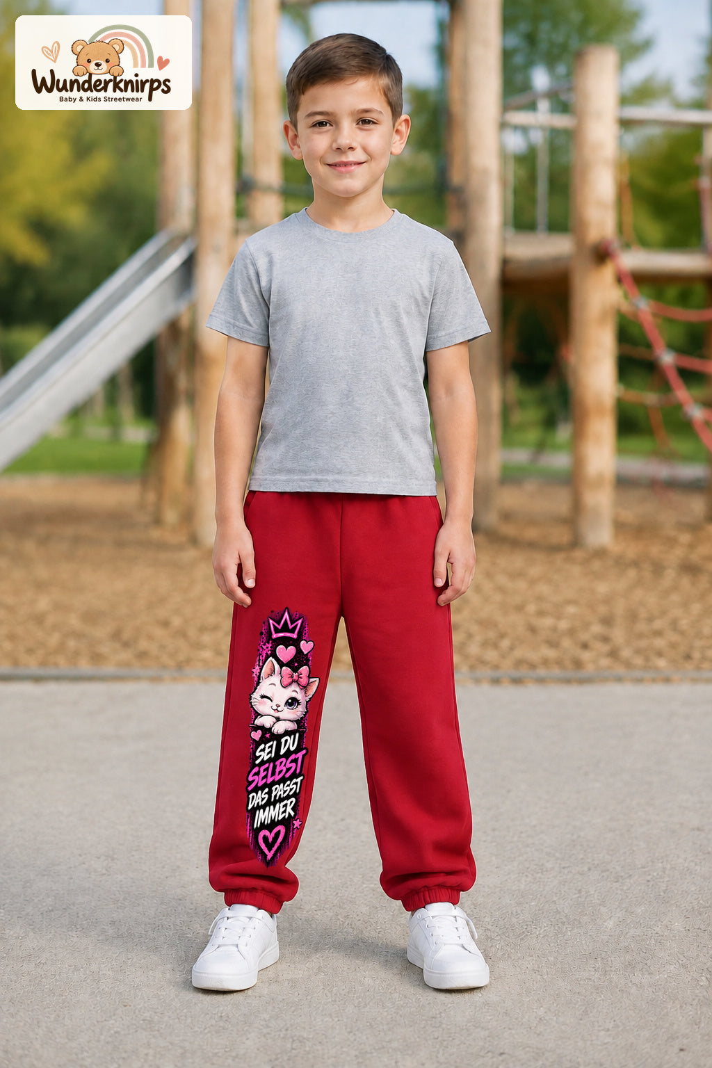 Junge trägt rote Jogginghose mit Sei du selbst Kätzchen-Print, von vorn auf dem Spielplatz.
