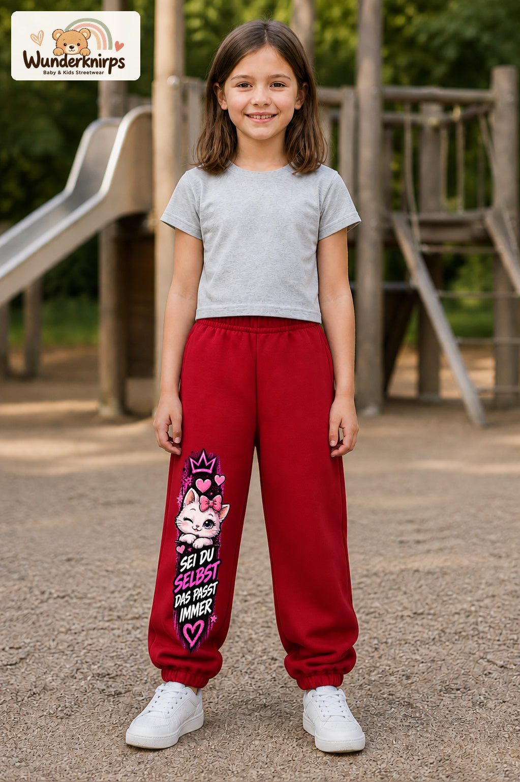 Mädchen trägt rote Jogginghose mit Sei du selbst Kätzchen-Print, von vorn auf dem Spielplatz.