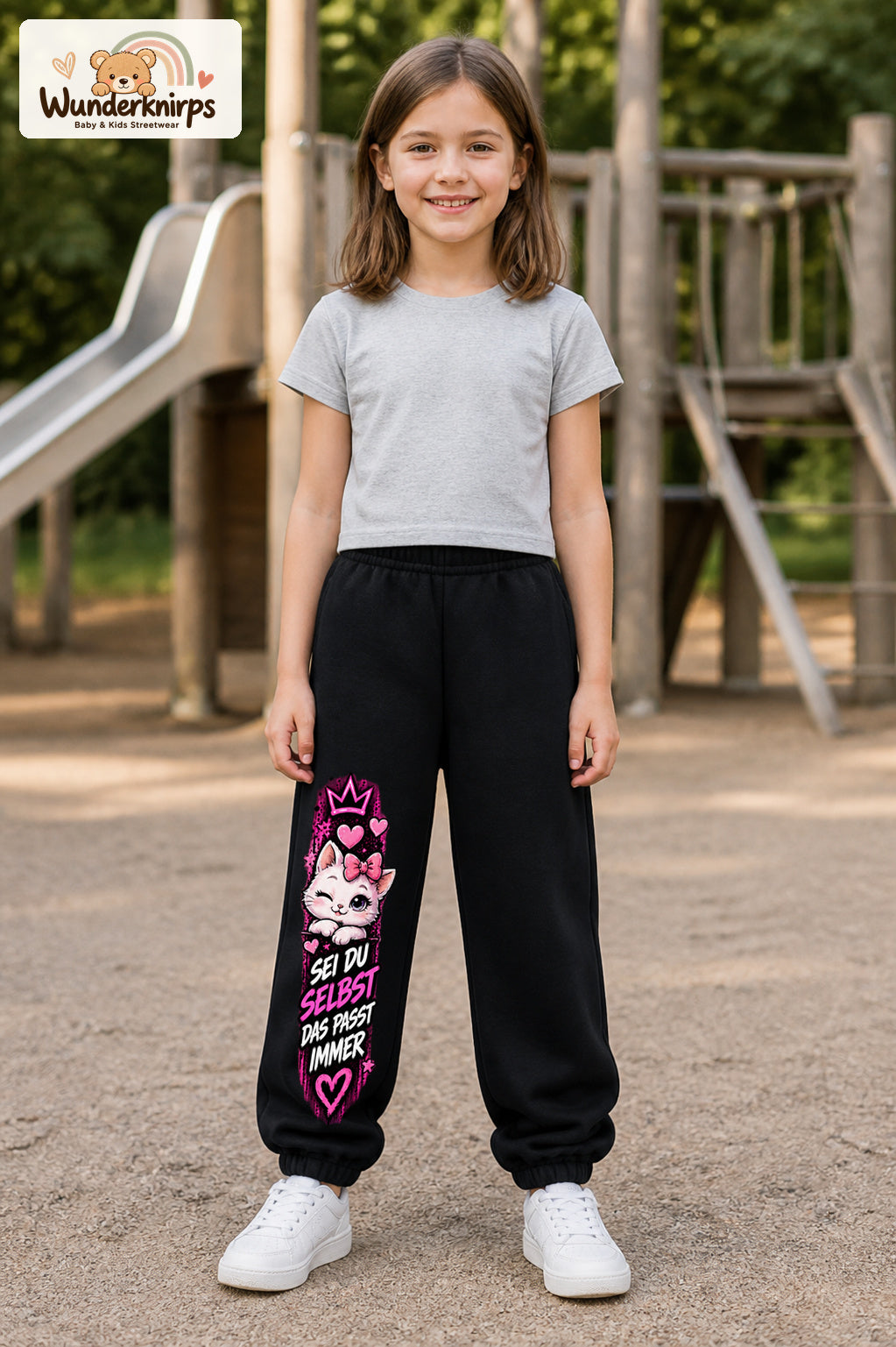 Mädchen trägt schwarze Jogginghose mit Sei du selbst Kätzchen-Print, von vorn auf dem Spielplatz.