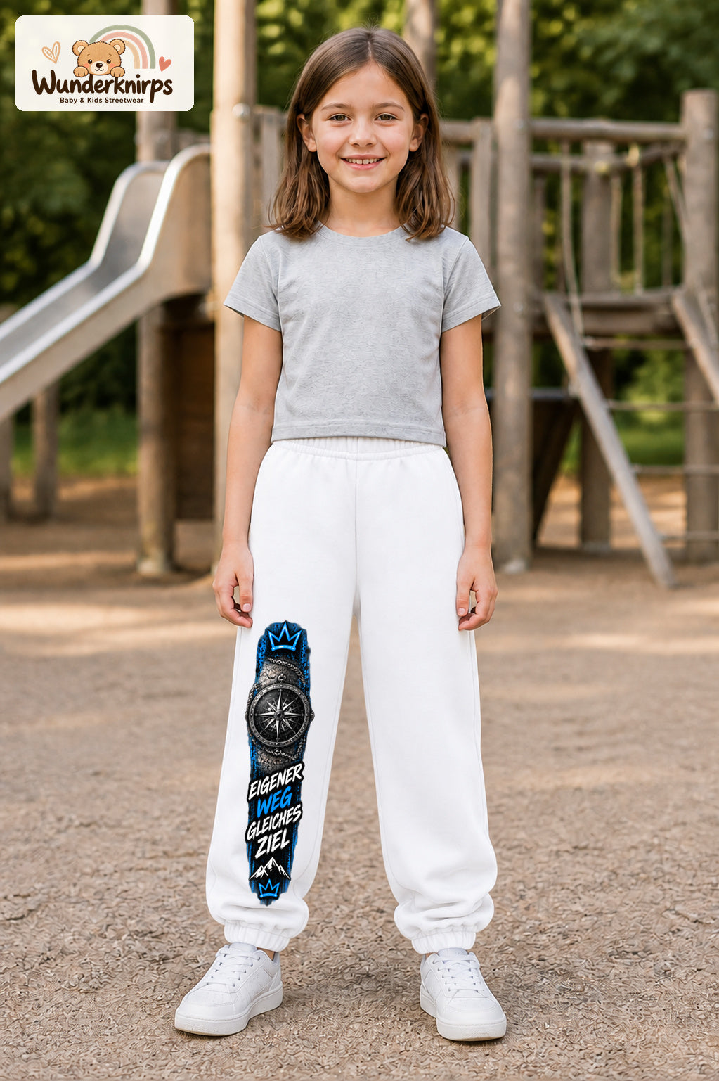 Mädchen trägt weiße Jogginghose mit Eigener Weg Kompass-Print, von vorn auf dem Spielplatz.