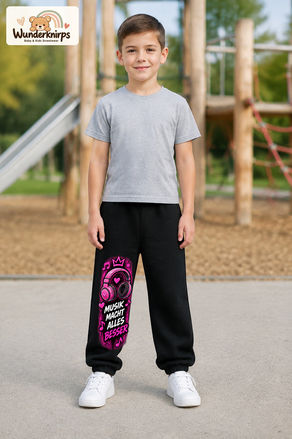 Junge trägt schwarze Jogginghose mit Musik macht besser-Print, von vorn auf dem Spielplatz.
