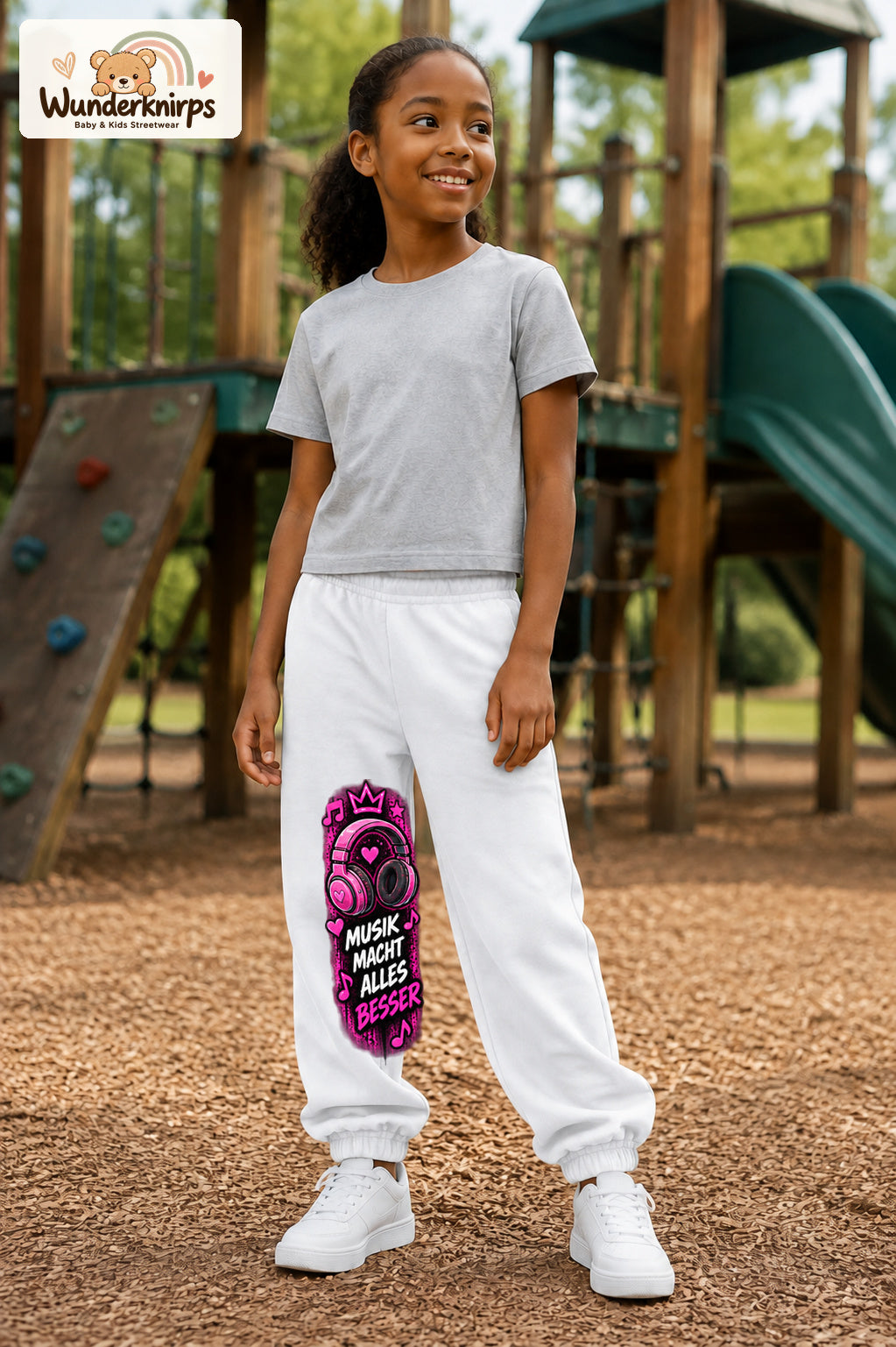 Mädchen trägt weiße Jogginghose mit Musik macht besser-Print, leicht seitlich auf dem Spielplatz.