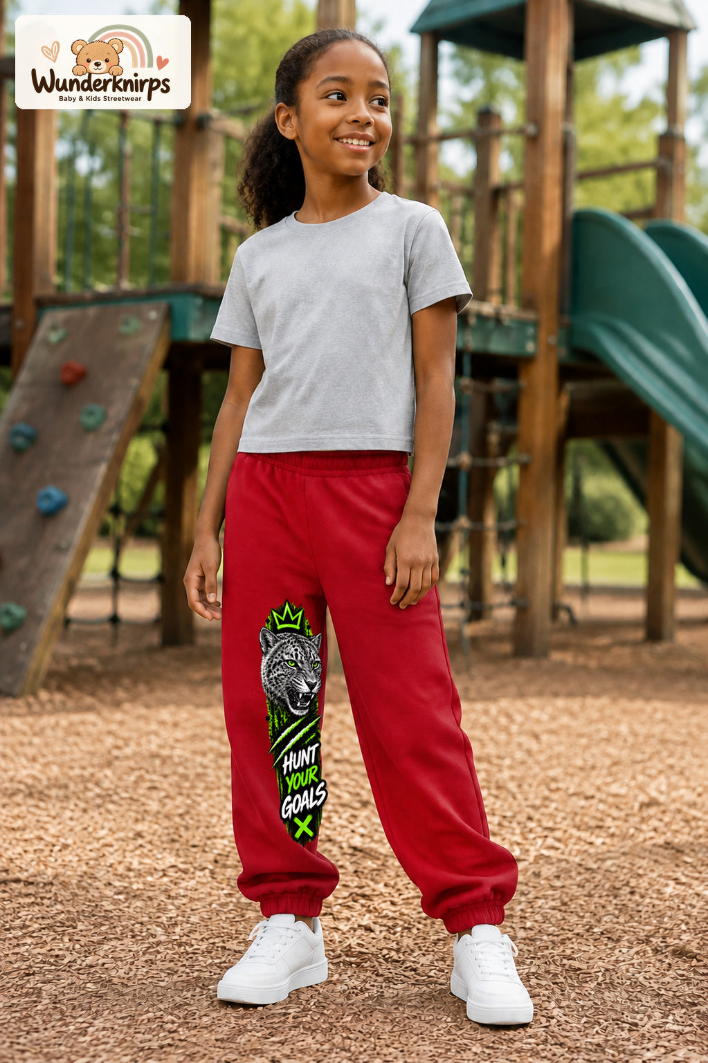 Mädchen trägt rote Jogginghose mit Hunt Your Goals Leopard-Print, leicht seitlich auf dem Spielplatz.