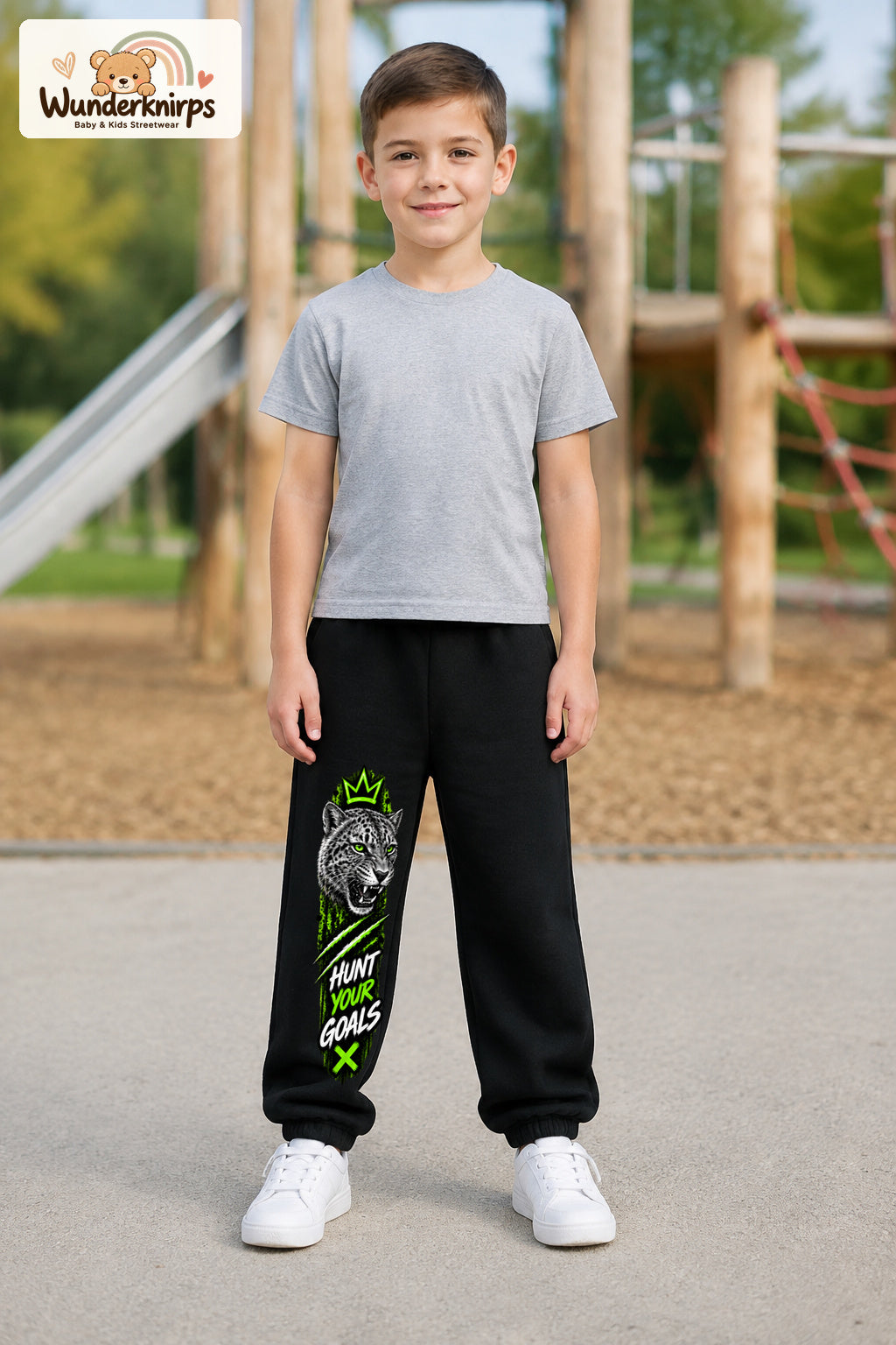 Junge trägt schwarze Jogginghose mit Hunt Your Goals Leopard-Print, von vorn auf dem Spielplatz.