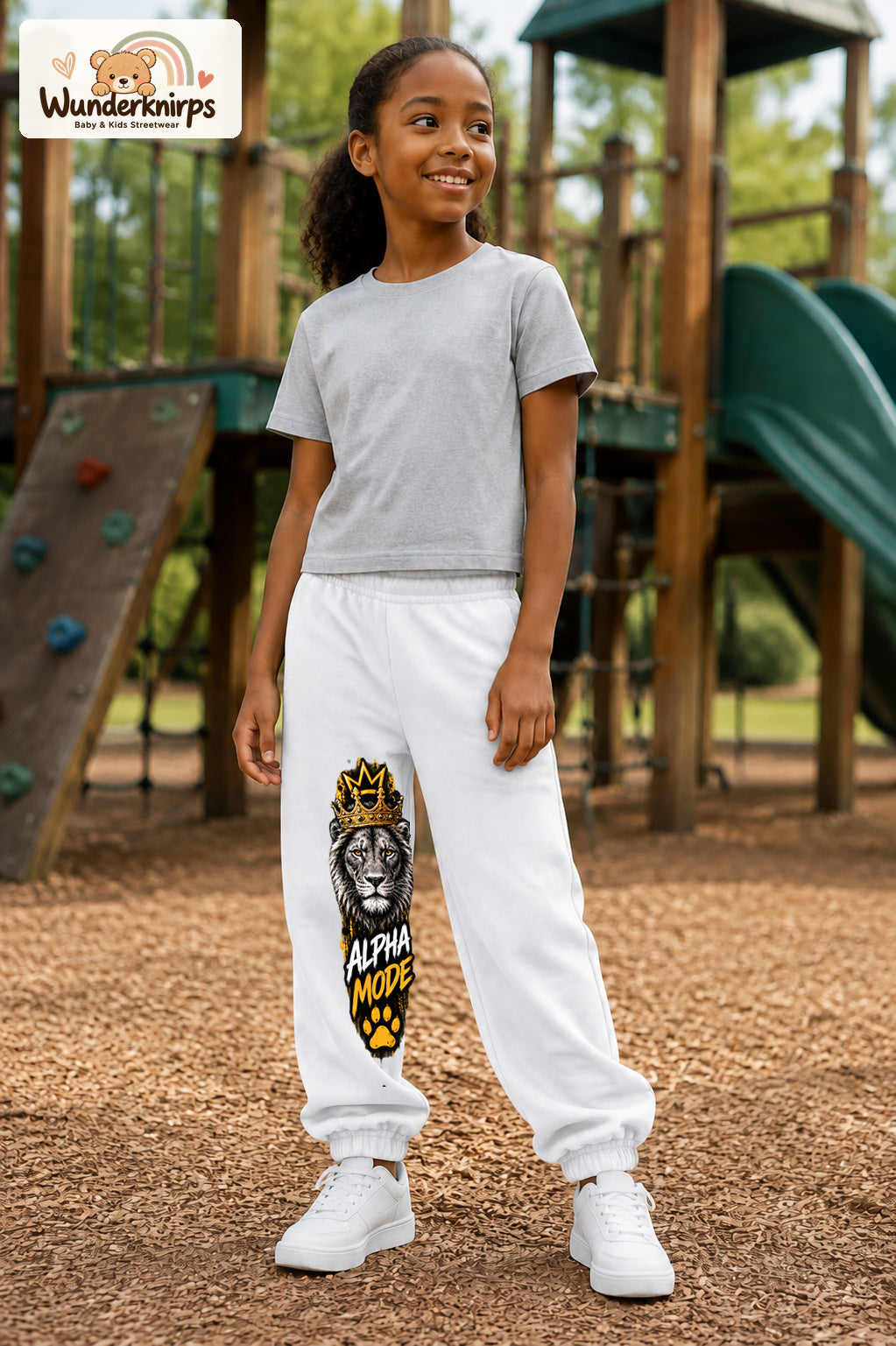 Mädchen trägt weiße Jogginghose mit Alpha Mode Löwe-Print, leicht seitlich auf dem Spielplatz.