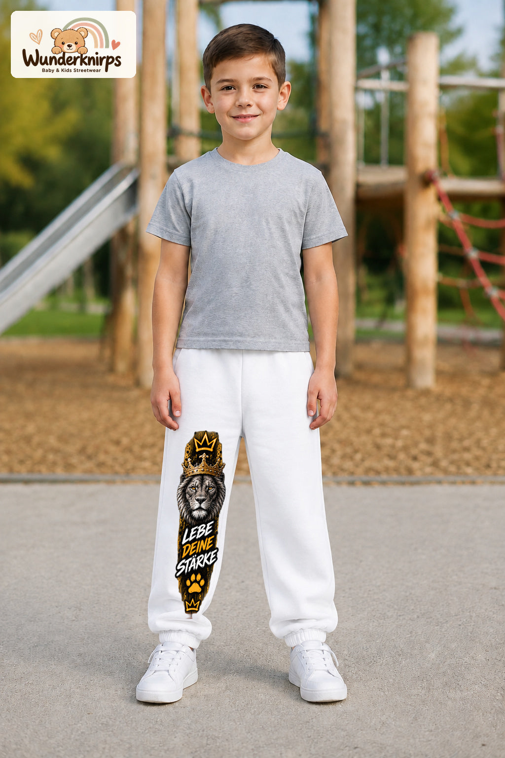 Junge trägt weiße Jogginghose mit Lebe deine Stärke Löwe-Print, von vorn auf dem Spielplatz.