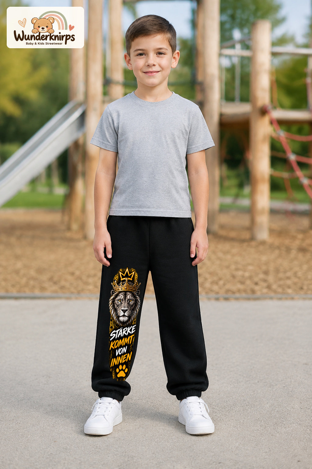 Junge trägt schwarze Jogginghose mit Stärke von innen Löwe-Print, von vorn auf dem Spielplatz.